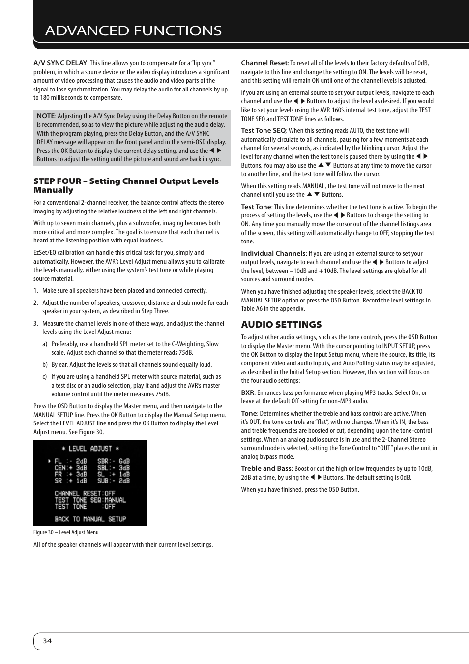 Advanced functions, Audio settings | Harman-Kardon AVR 160 User Manual | Page 34 / 48