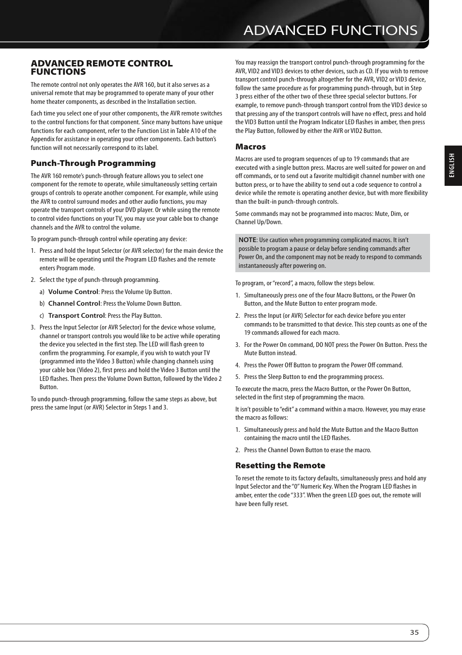 Advanced functions, Advanced remote control functions | Harman-Kardon AVR 160 User Manual | Page 35 / 48