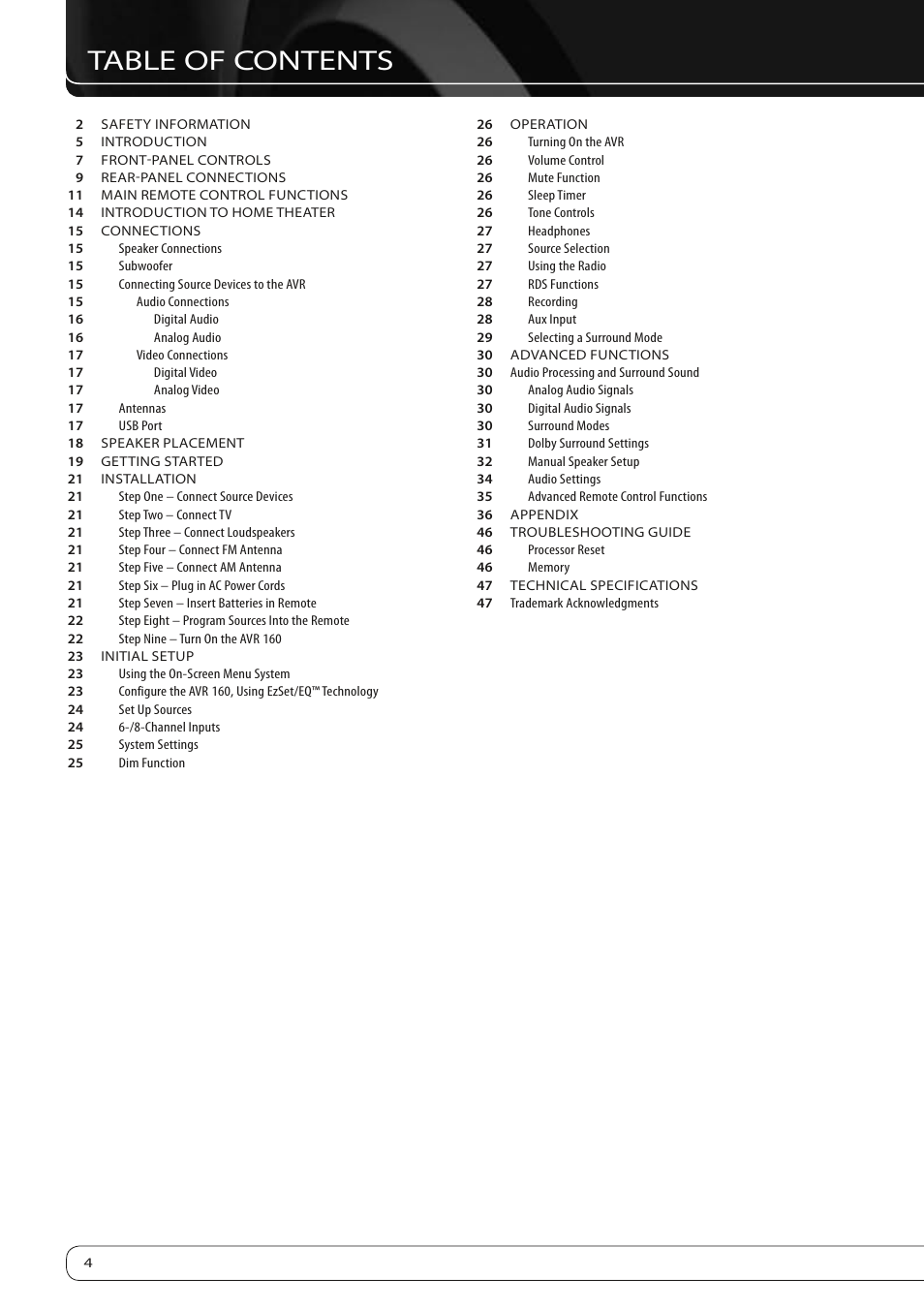 Harman-Kardon AVR 160 User Manual | Page 4 / 48