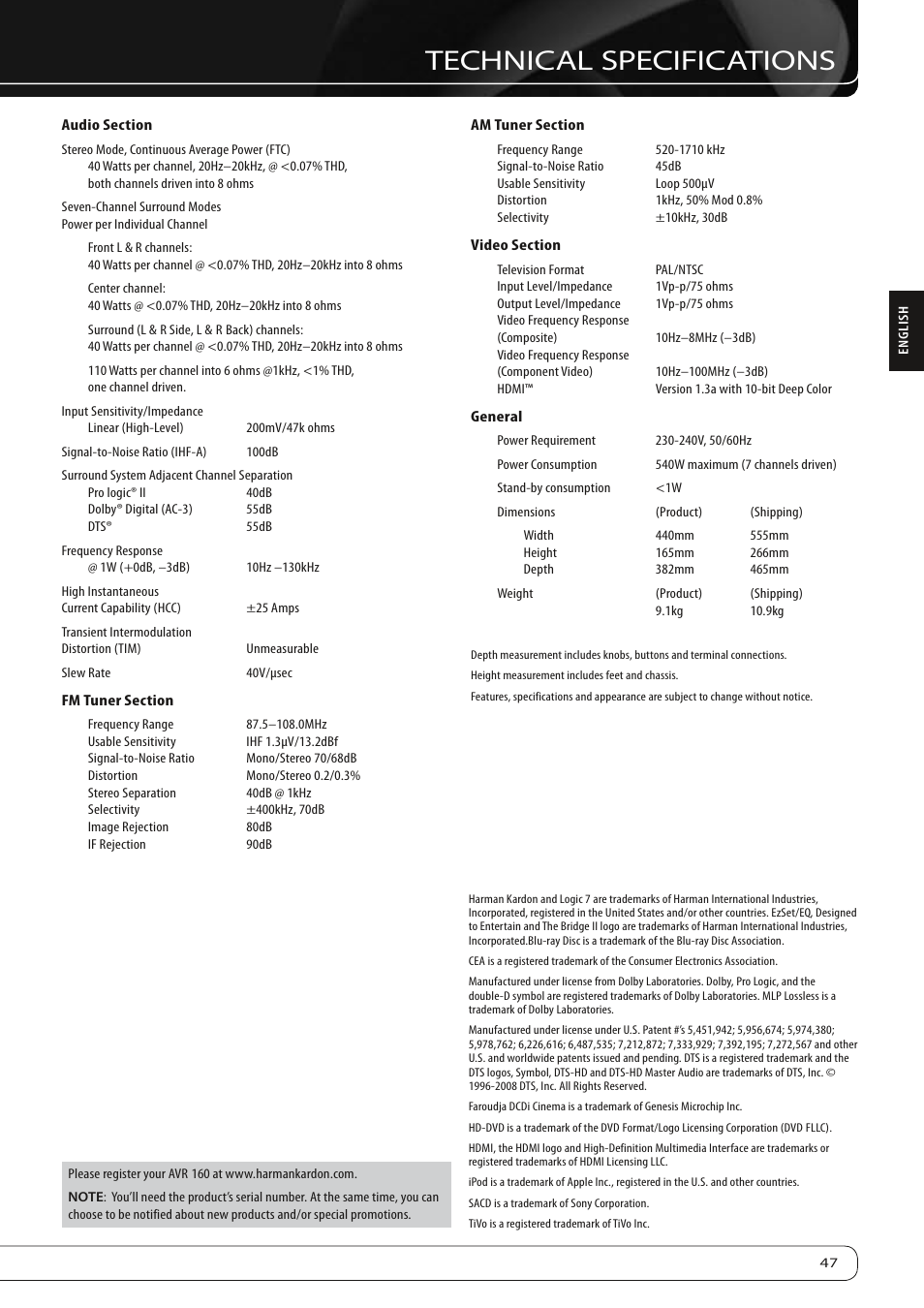 Technical specifications | Harman-Kardon AVR 160 User Manual | Page 47 / 48