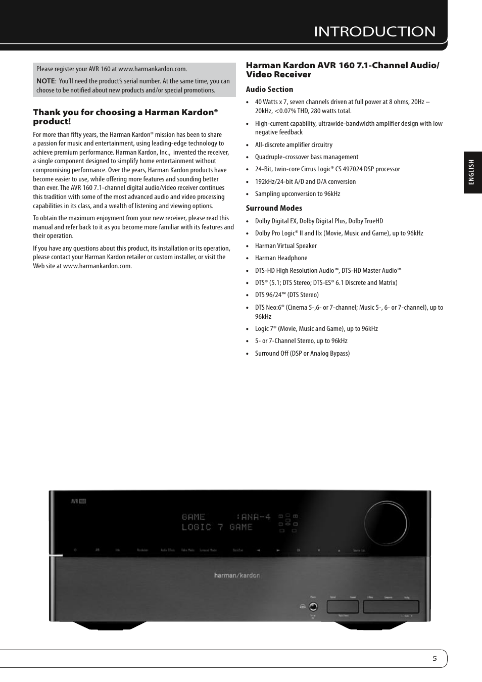 Introduction | Harman-Kardon AVR 160 User Manual | Page 5 / 48