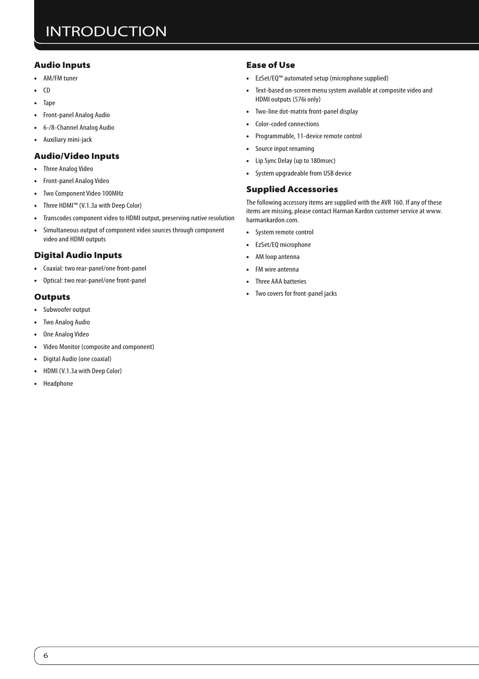 Introduction | Harman-Kardon AVR 160 User Manual | Page 6 / 48