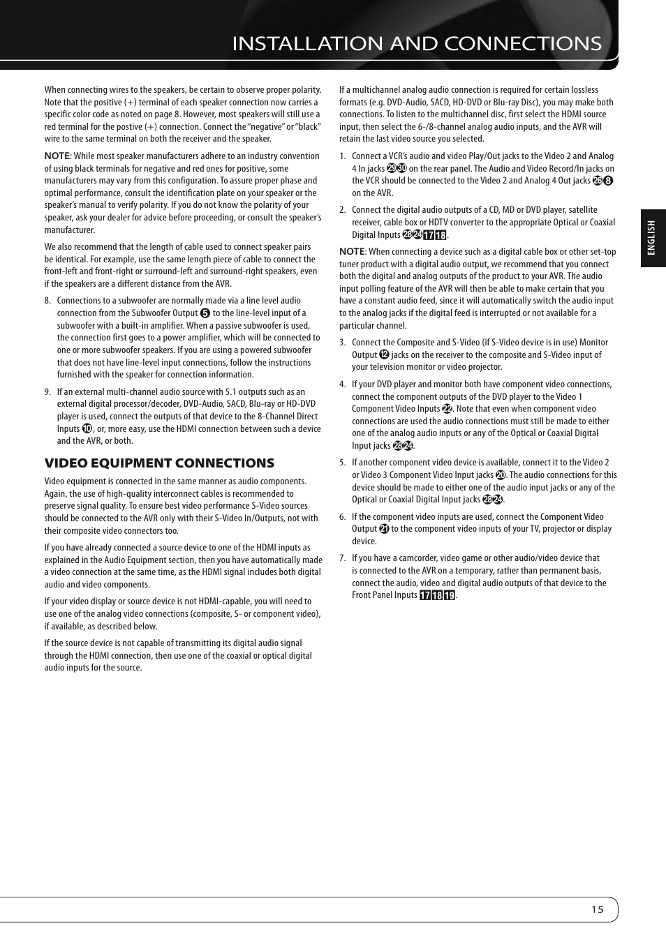 Installation and connections, Video equipment connections | Harman-Kardon AVR 260 User Manual | Page 15 / 54