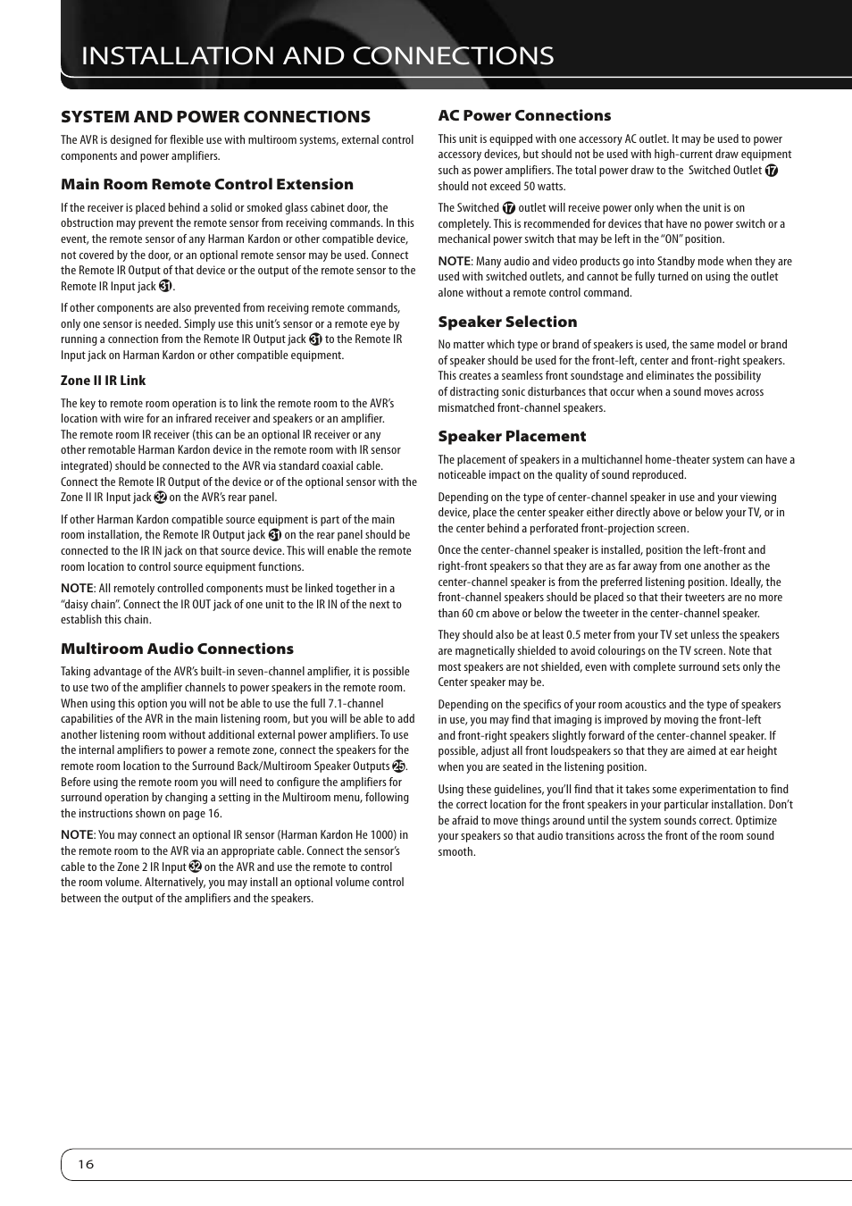 Installation and connections, System and power connections | Harman-Kardon AVR 260 User Manual | Page 16 / 54