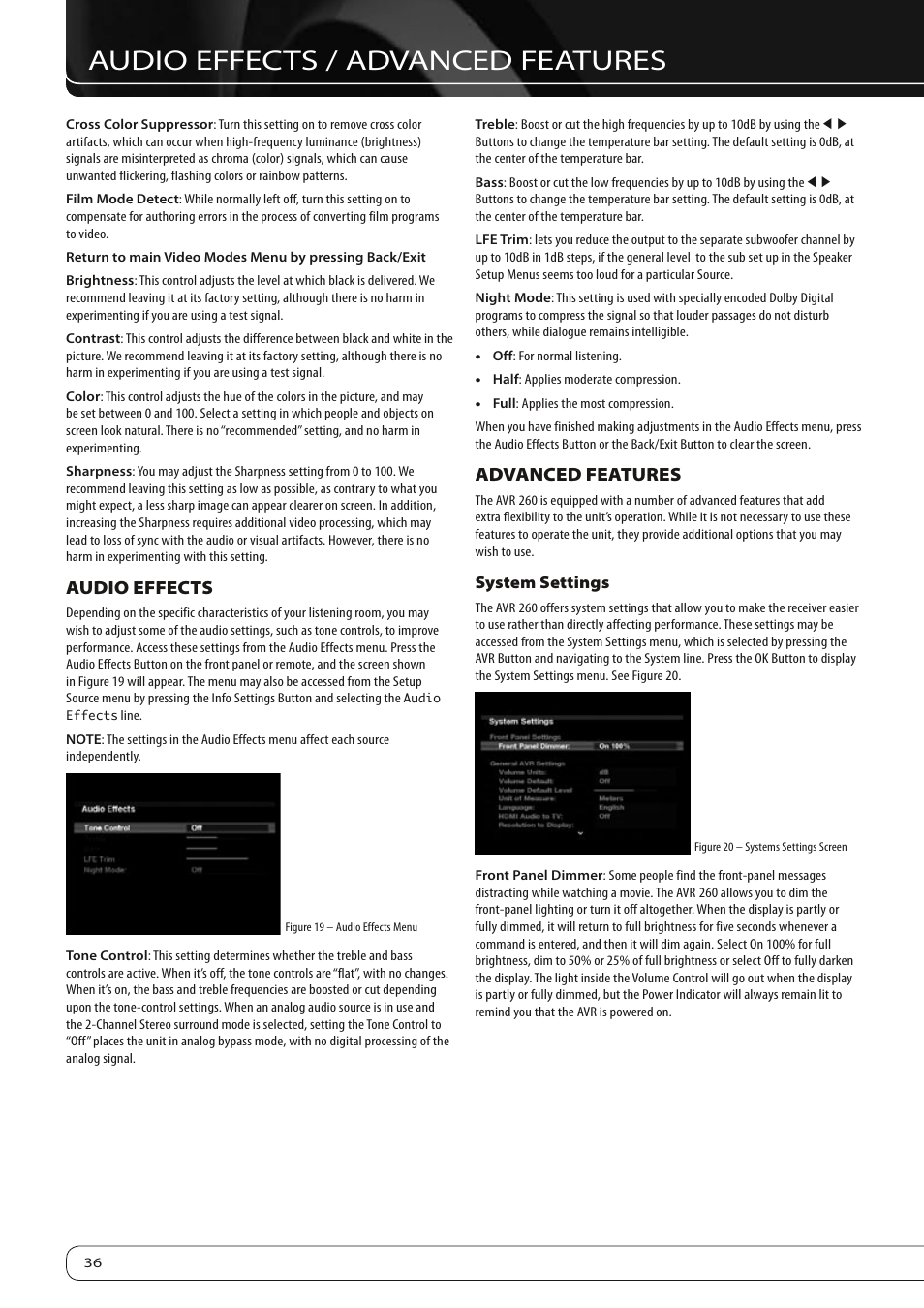 Audio effects / advanced features, Audio effects, Advanced features | Harman-Kardon AVR 260 User Manual | Page 36 / 54