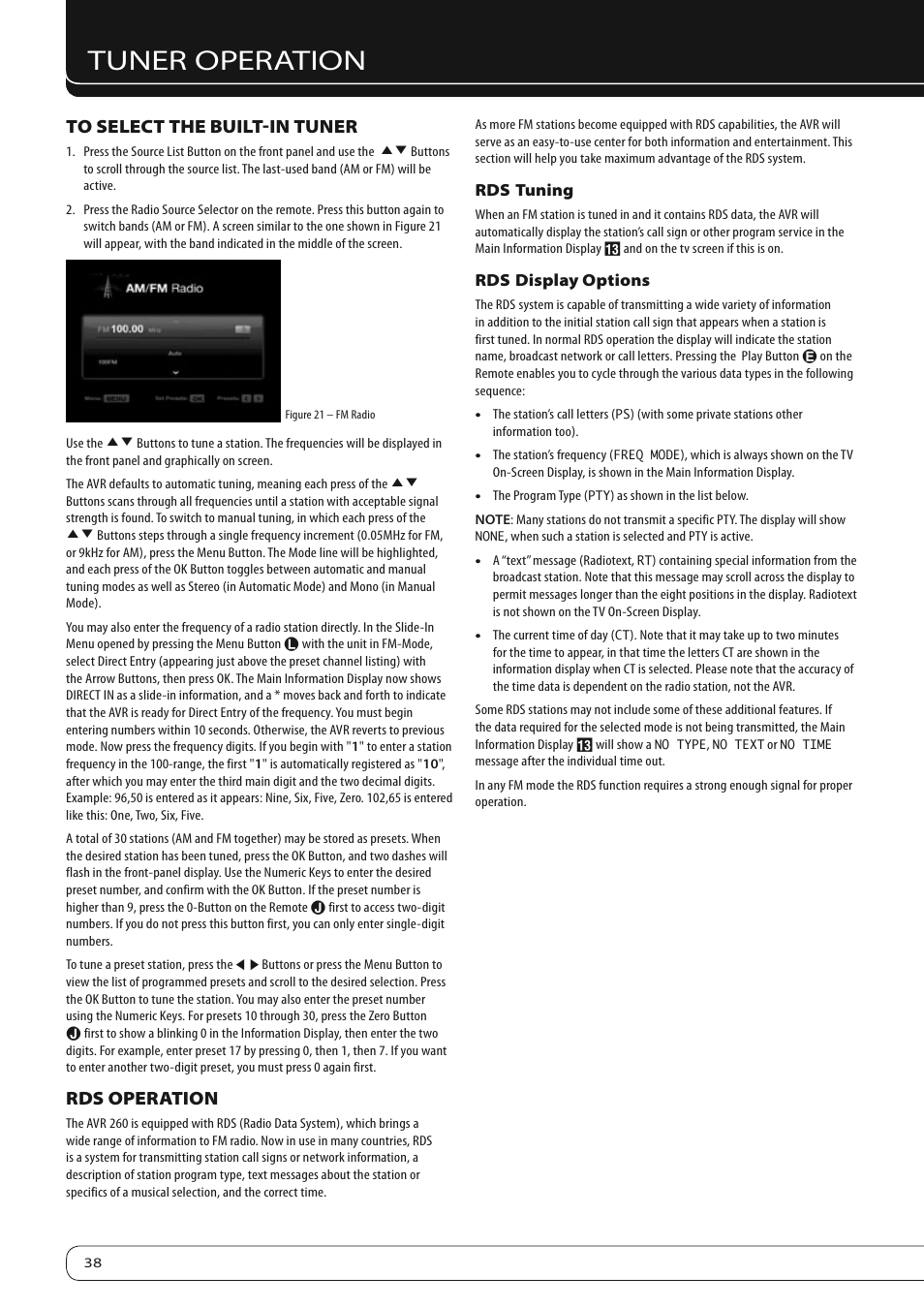 Tuner operation, Rds operation | Harman-Kardon AVR 260 User Manual | Page 38 / 54