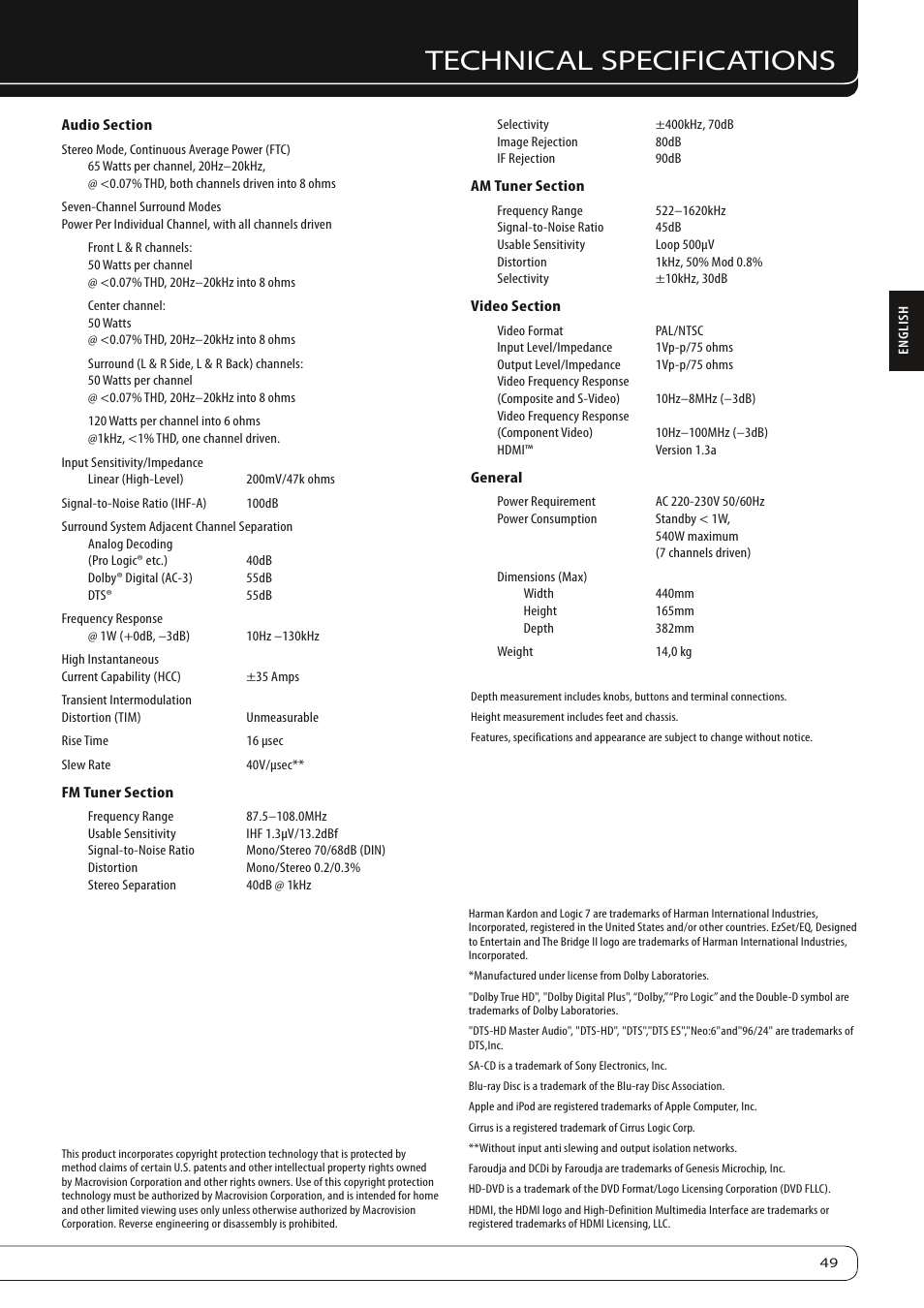 Technical specifications | Harman-Kardon AVR 260 User Manual | Page 49 / 54