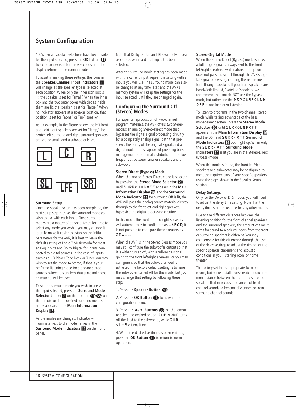 Lr c sl sr lfe, System configuration | Harman-Kardon 13828 User Manual | Page 16 / 50