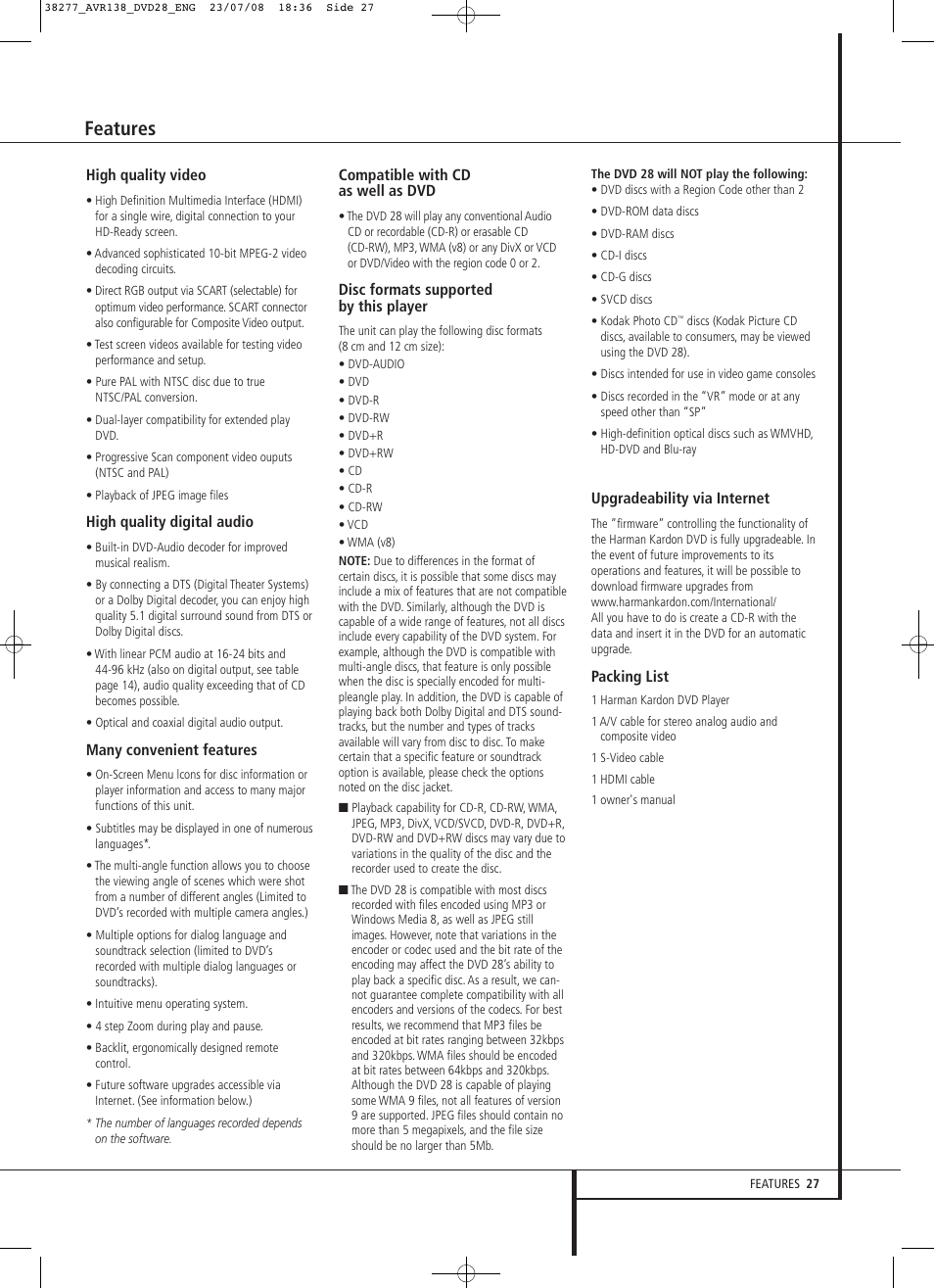 Features | Harman-Kardon 13828 User Manual | Page 27 / 50