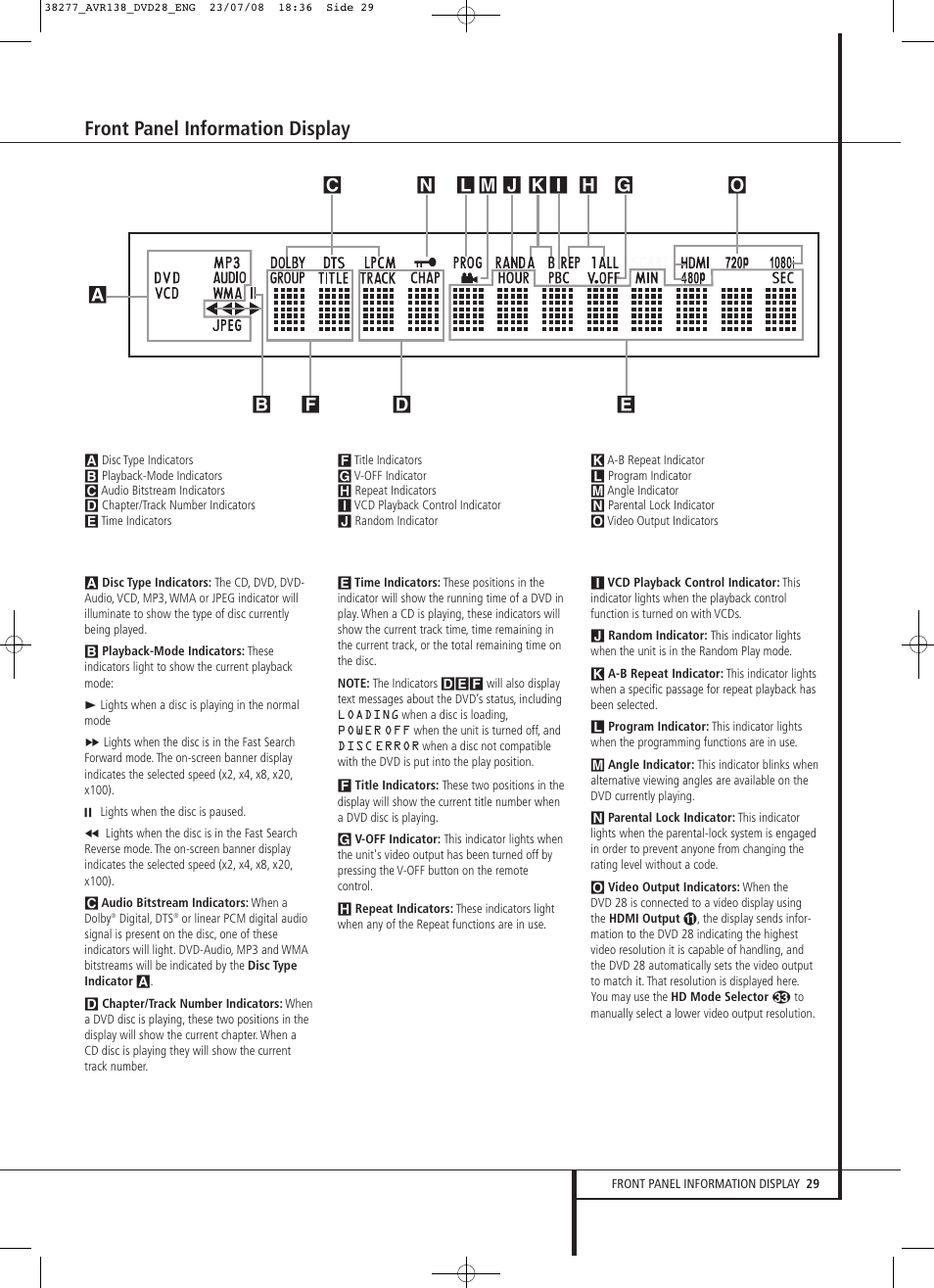 Front panel information display | Harman-Kardon 13828 User Manual | Page 29 / 50