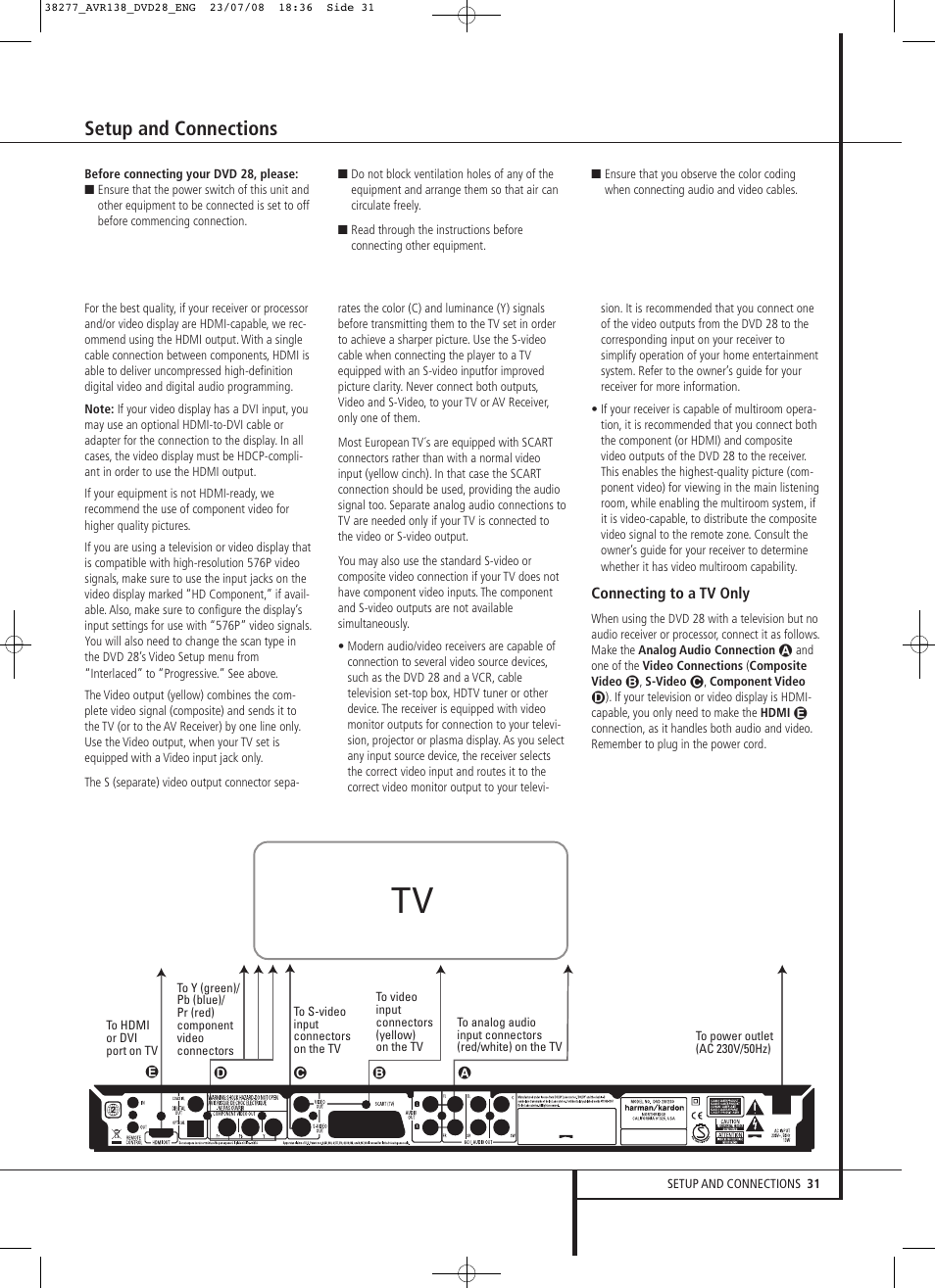 Setup and connections | Harman-Kardon 13828 User Manual | Page 31 / 50