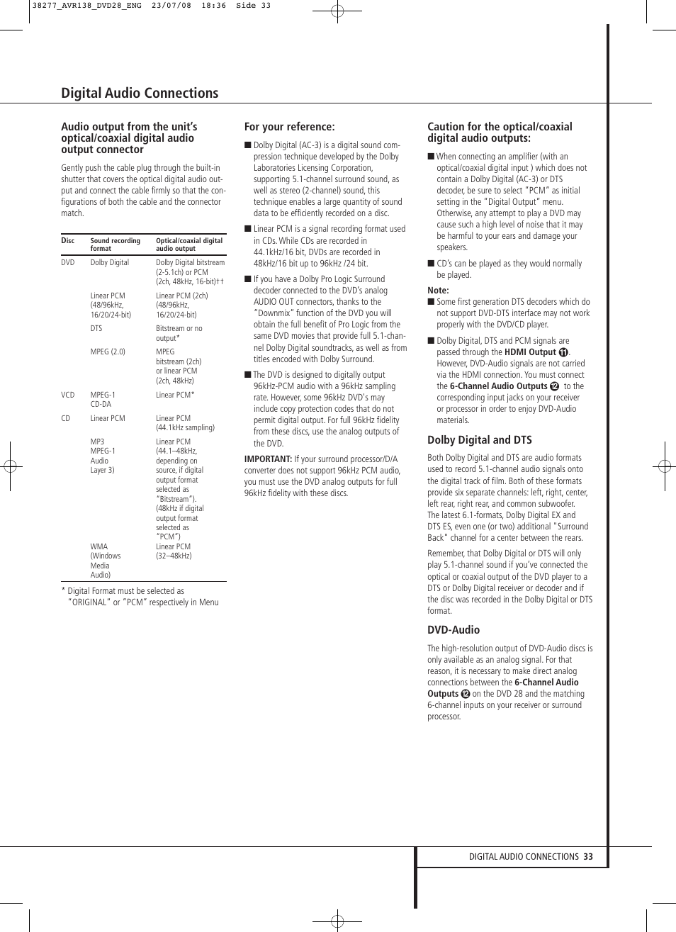 Digital audio connections, For your reference, Dolby digital and dts | Dvd-audio | Harman-Kardon 13828 User Manual | Page 33 / 50