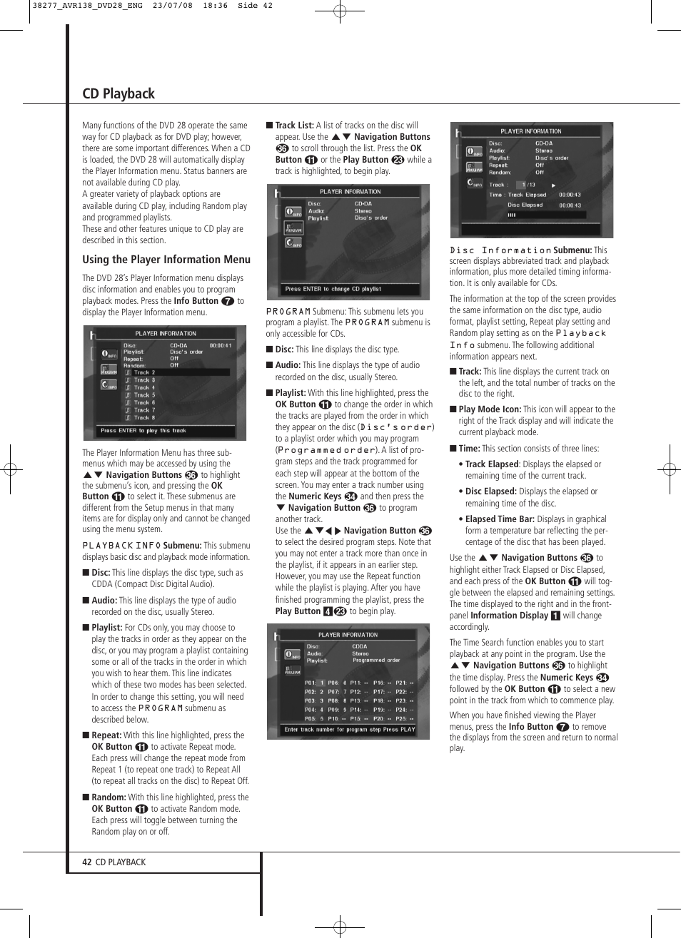 Cd playback | Harman-Kardon 13828 User Manual | Page 42 / 50