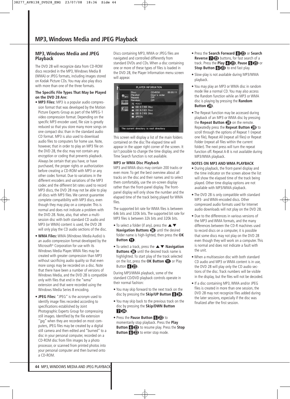 Mp3, windows media and jpeg playback | Harman-Kardon 13828 User Manual | Page 44 / 50