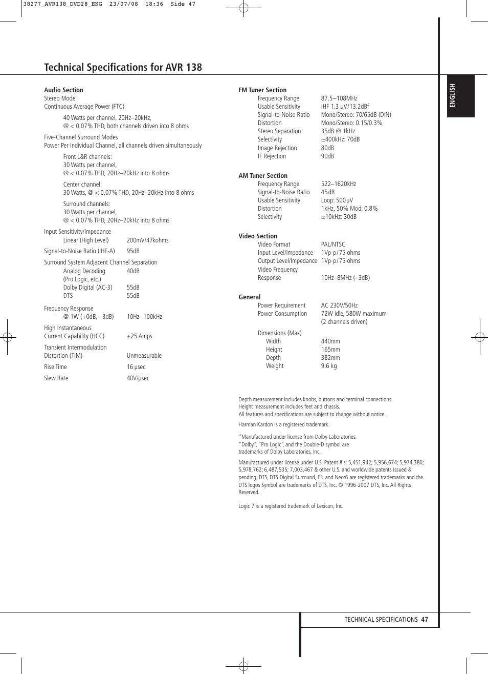 Technical specifications for avr 138 | Harman-Kardon 13828 User Manual | Page 47 / 50