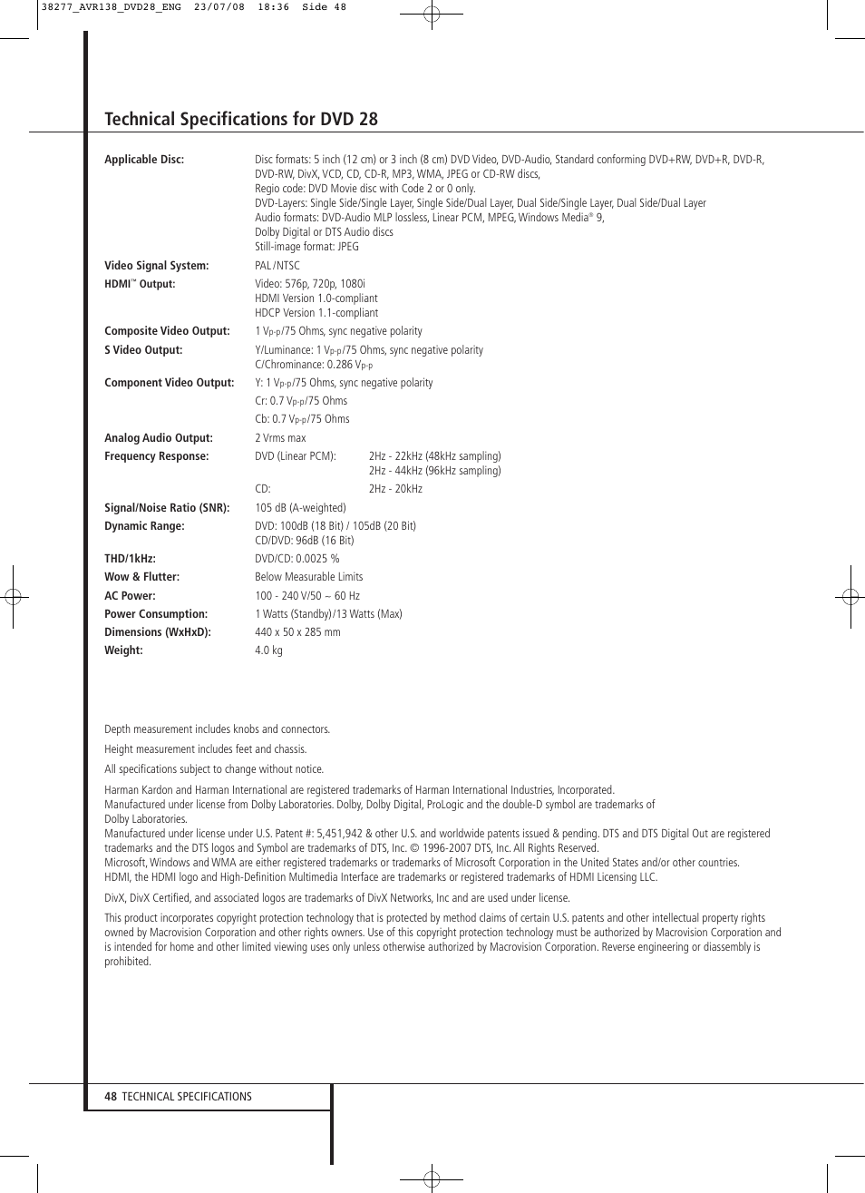 Technical specifications for dvd 28 | Harman-Kardon 13828 User Manual | Page 48 / 50