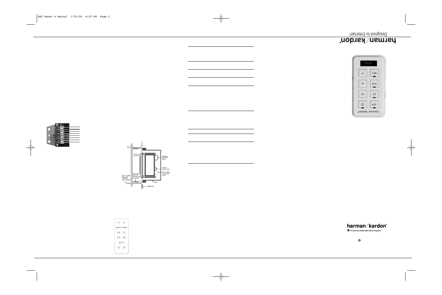 Ab 2, Amplified in-wall module | Harman-Kardon AB 2 User Manual | Page 2 / 2