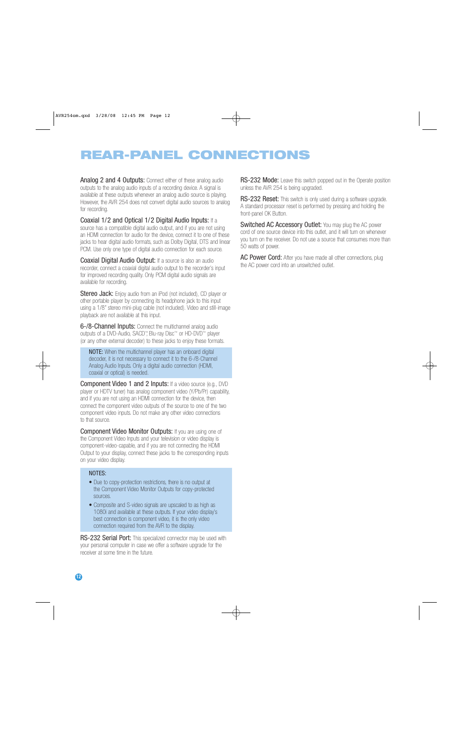 Rear-panel connections | Harman-Kardon AVR 254 User Manual | Page 12 / 76