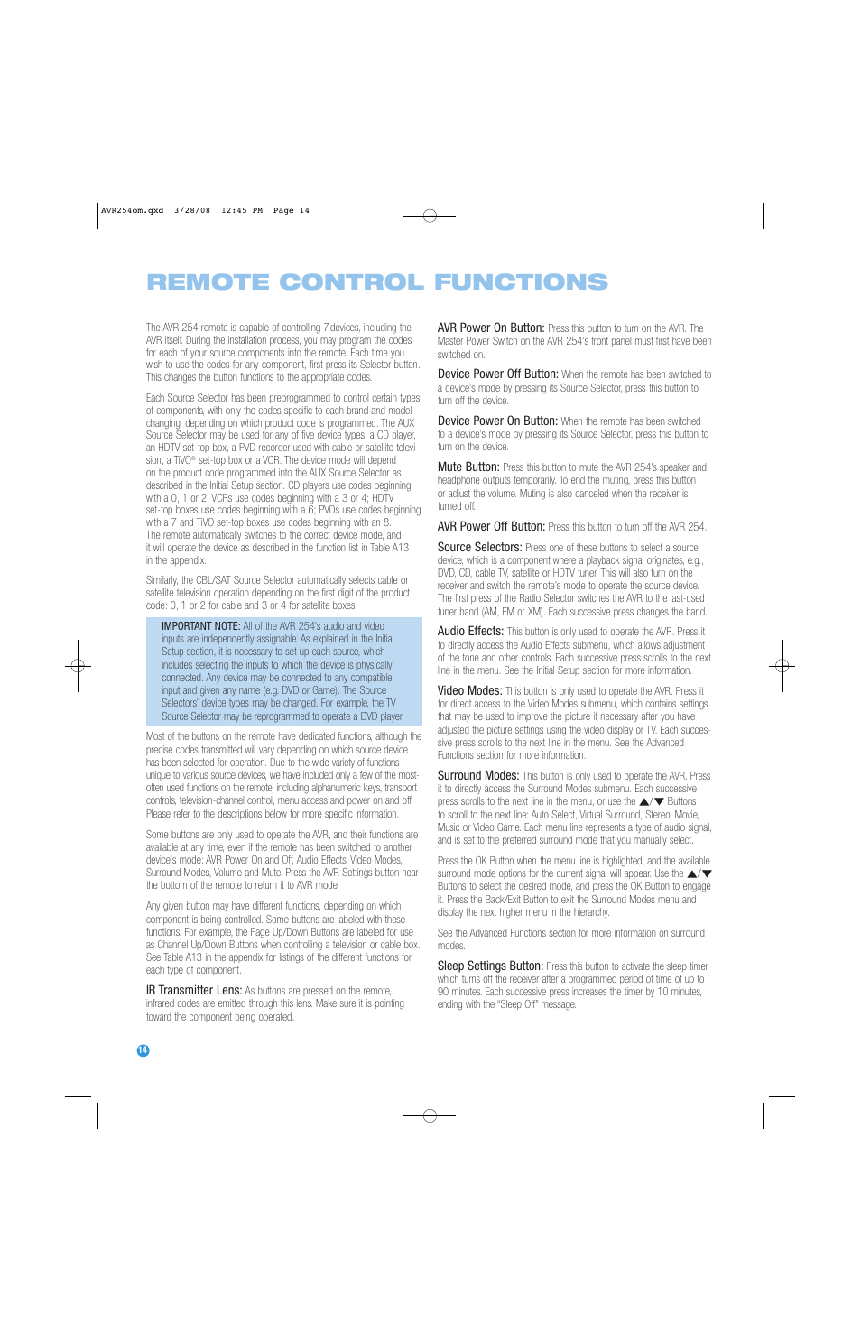 Remote control functions | Harman-Kardon AVR 254 User Manual | Page 14 / 76