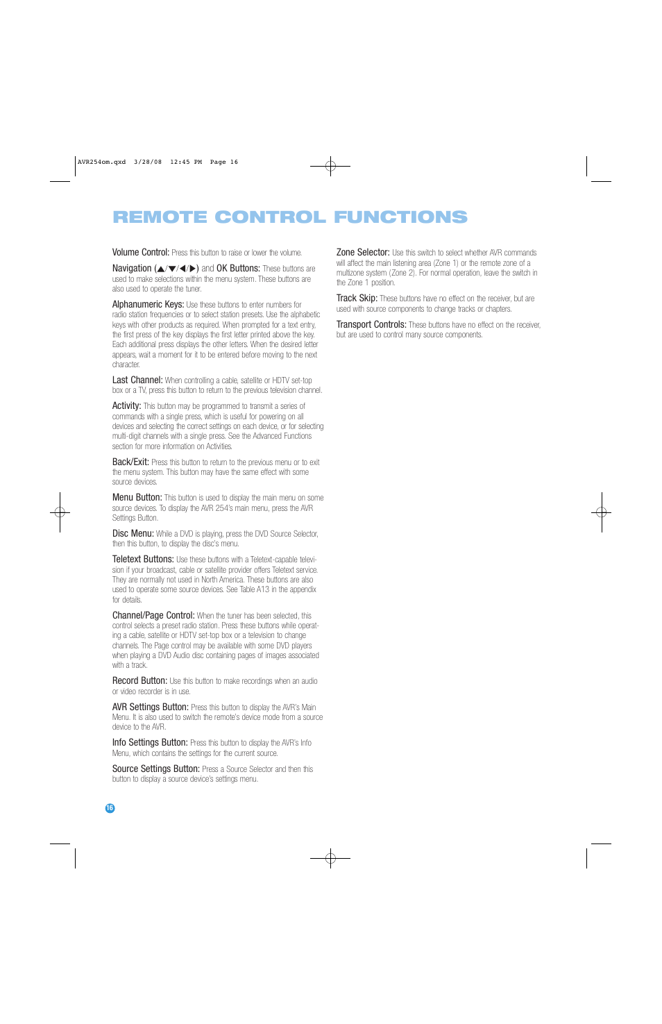 Remote control functions | Harman-Kardon AVR 254 User Manual | Page 16 / 76
