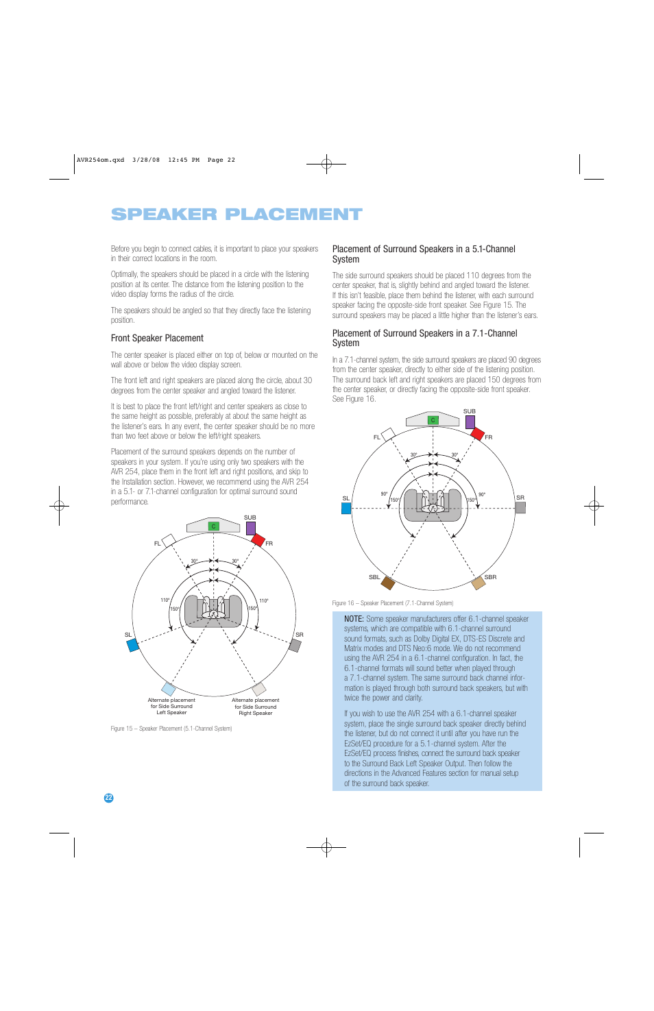 Speaker placement, Front speaker placement | Harman-Kardon AVR 254 User Manual | Page 22 / 76