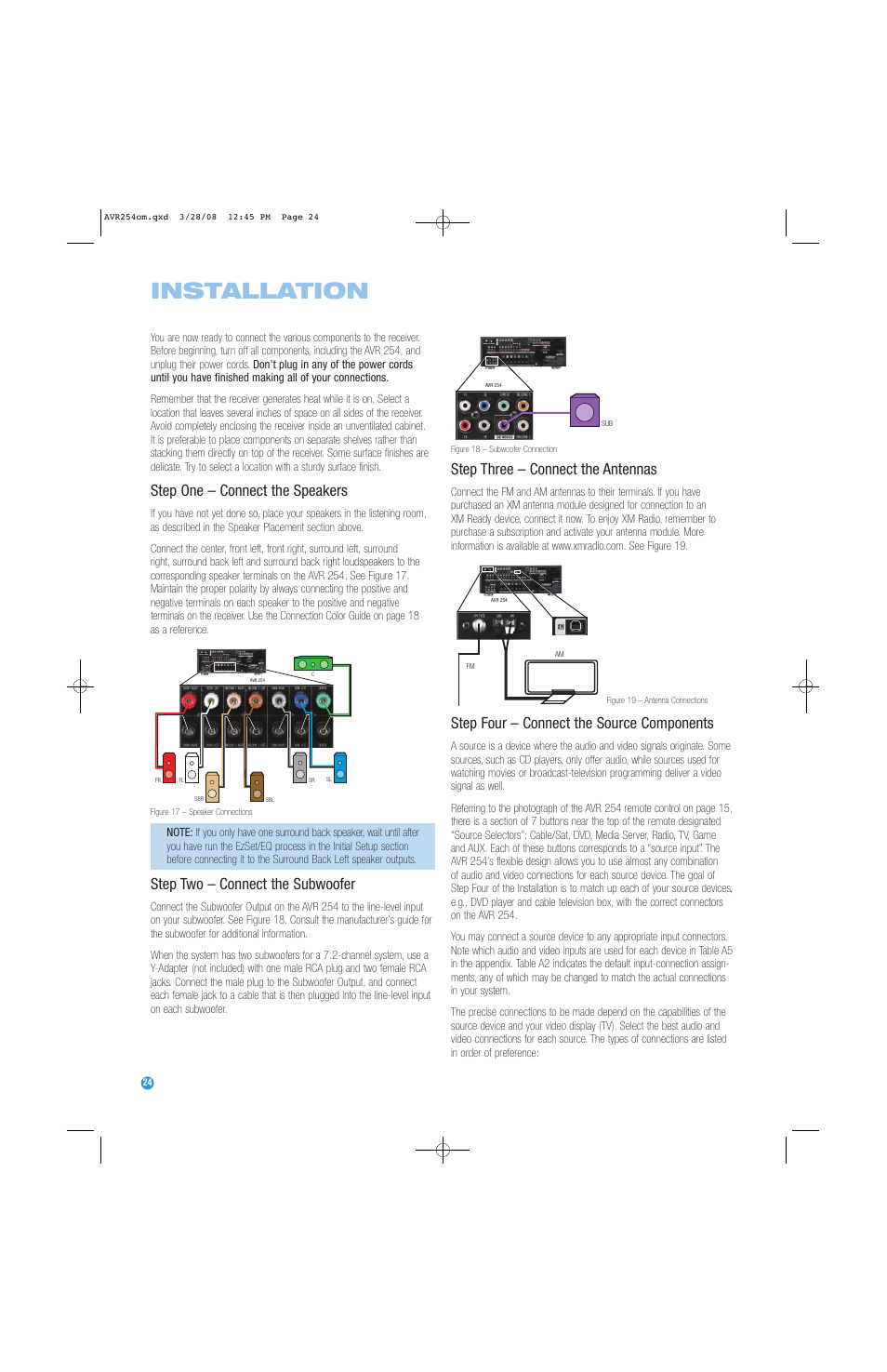 Installation, Step one – connect the speakers, Step two – connect the subwoofer | Step three – connect the antennas, Step four – connect the source components | Harman-Kardon AVR 254 User Manual | Page 24 / 76