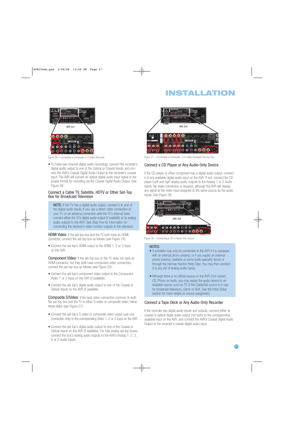 Installation | Harman-Kardon AVR 254 User Manual | Page 27 / 76