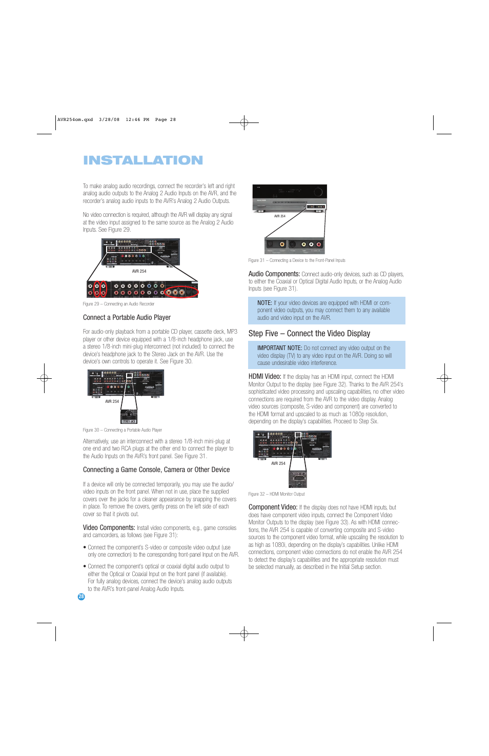 Installation, Step five – connect the video display | Harman-Kardon AVR 254 User Manual | Page 28 / 76