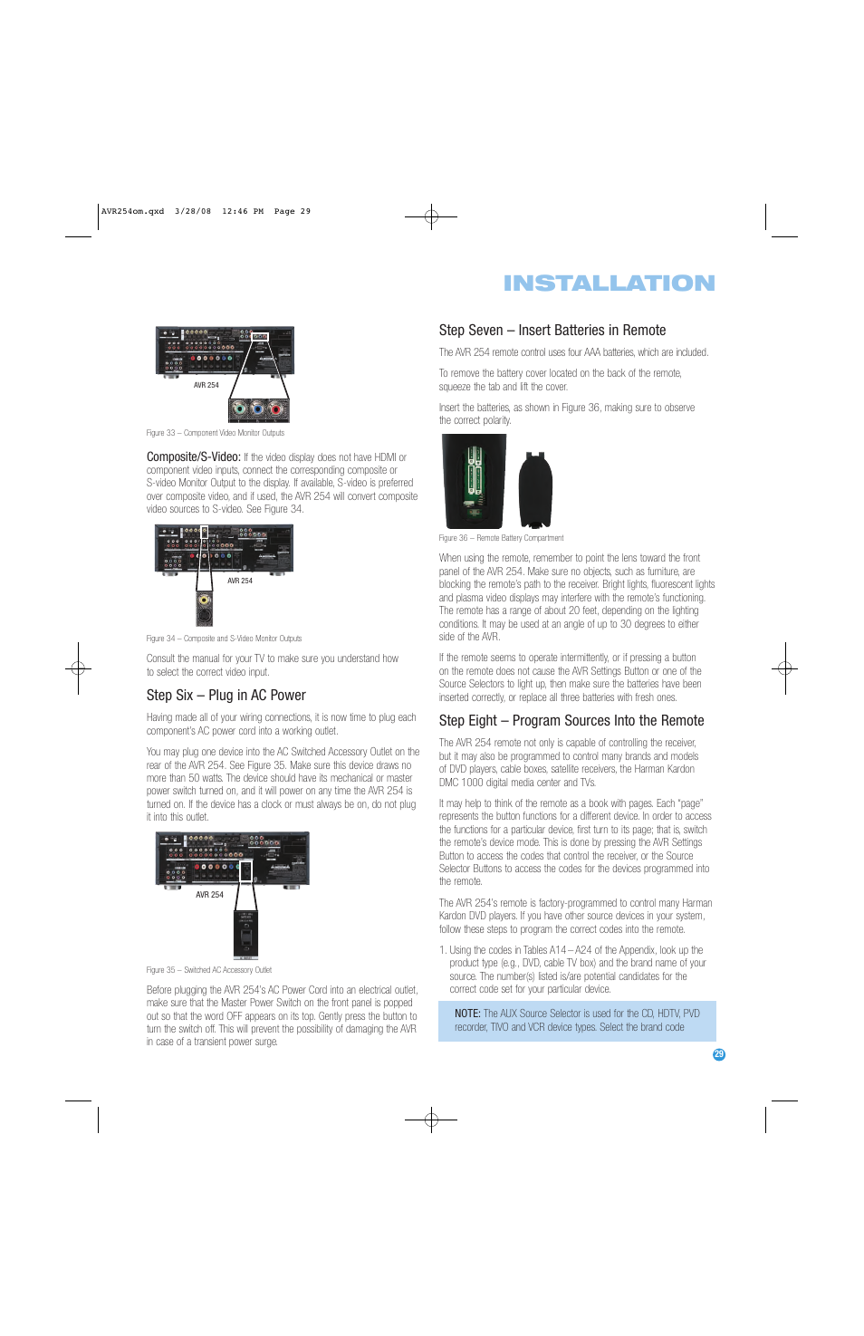 Installation, Step six – plug in ac power, Step seven – insert batteries in remote | Step eight – program sources into the remote | Harman-Kardon AVR 254 User Manual | Page 29 / 76