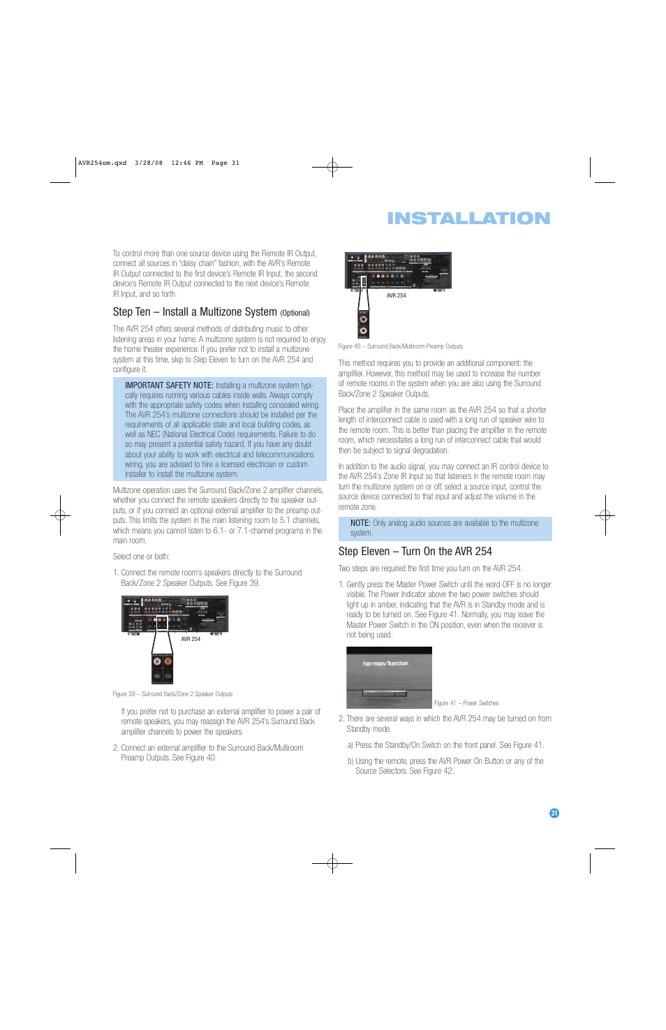 Installation, Step ten – install a multizone system, Step eleven – turn on the avr 254 | Harman-Kardon AVR 254 User Manual | Page 31 / 76
