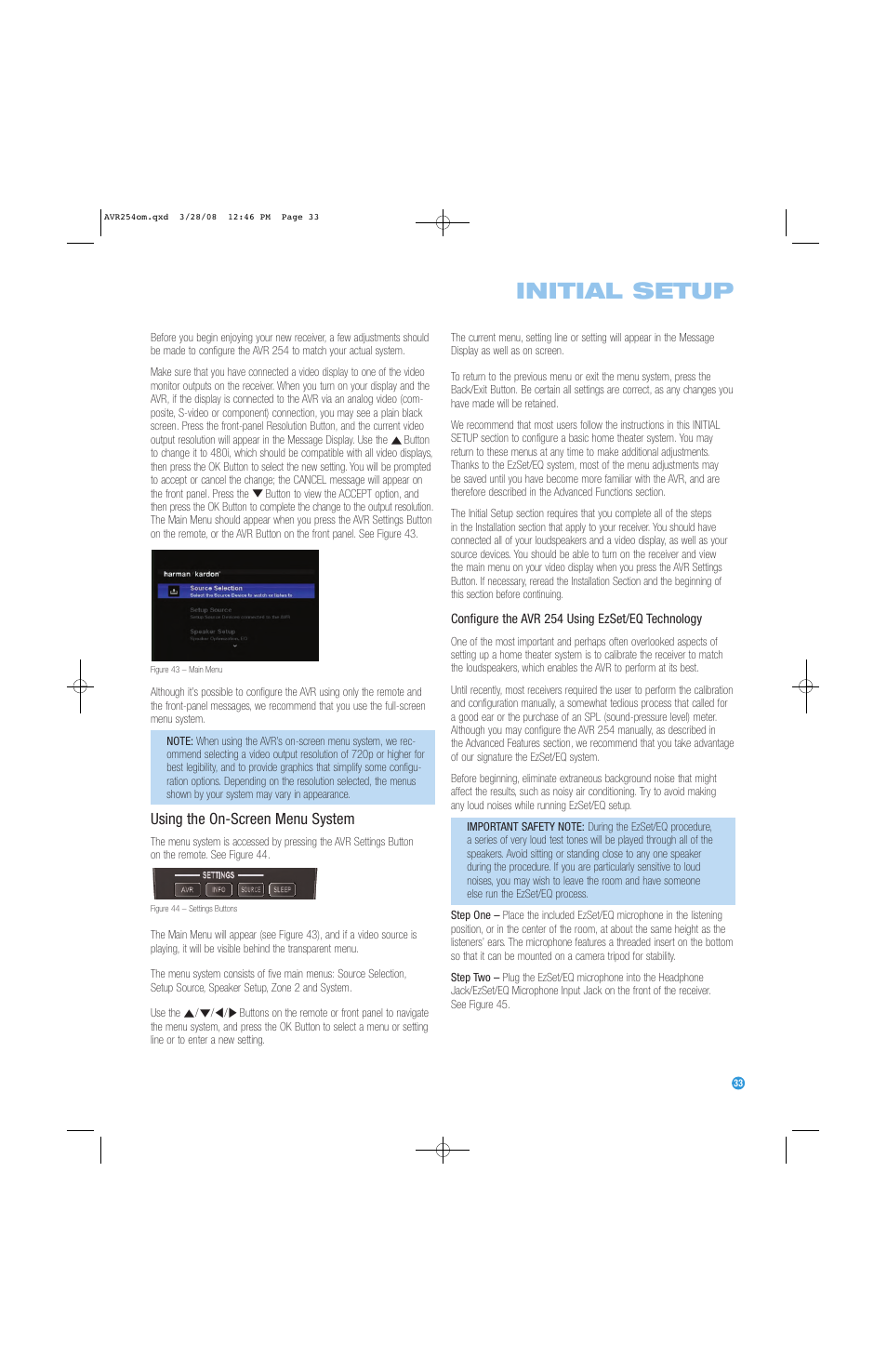 Initial setup, Using the on-screen menu system | Harman-Kardon AVR 254 User Manual | Page 33 / 76