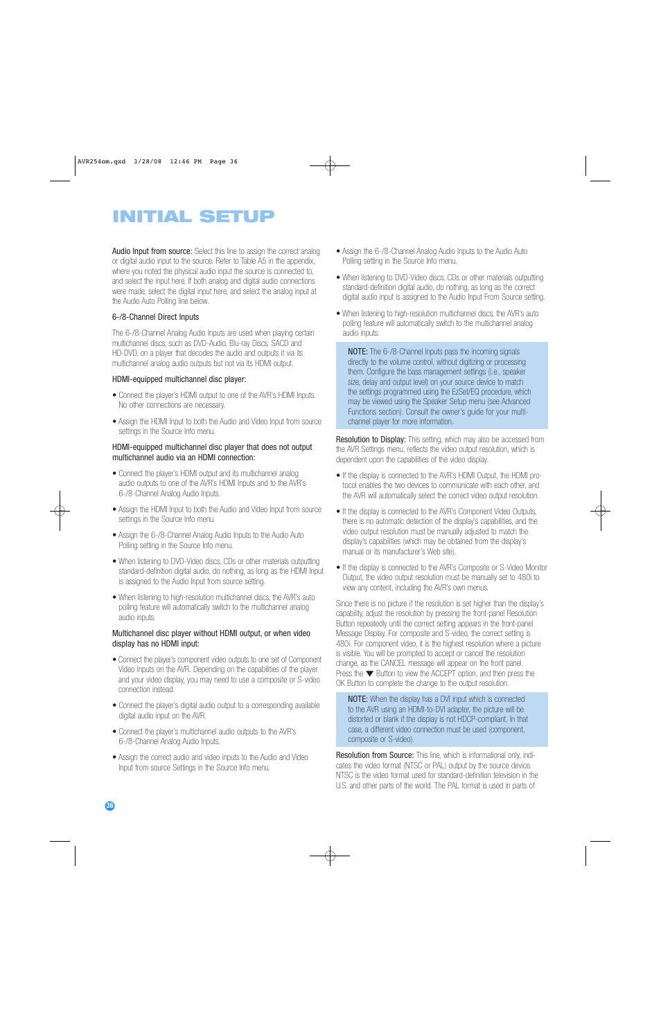 Initial setup | Harman-Kardon AVR 254 User Manual | Page 36 / 76