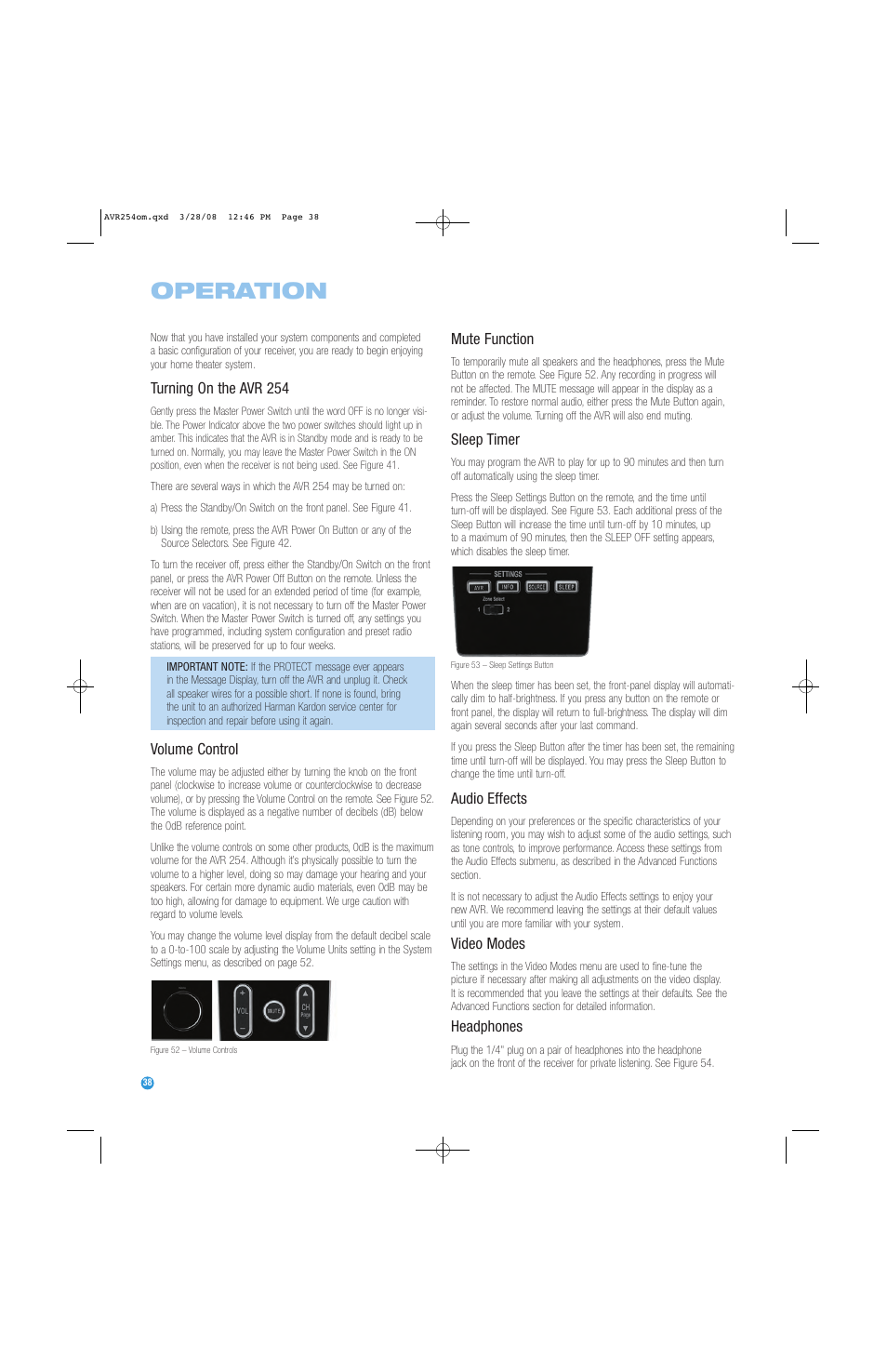 Operation | Harman-Kardon AVR 254 User Manual | Page 38 / 76