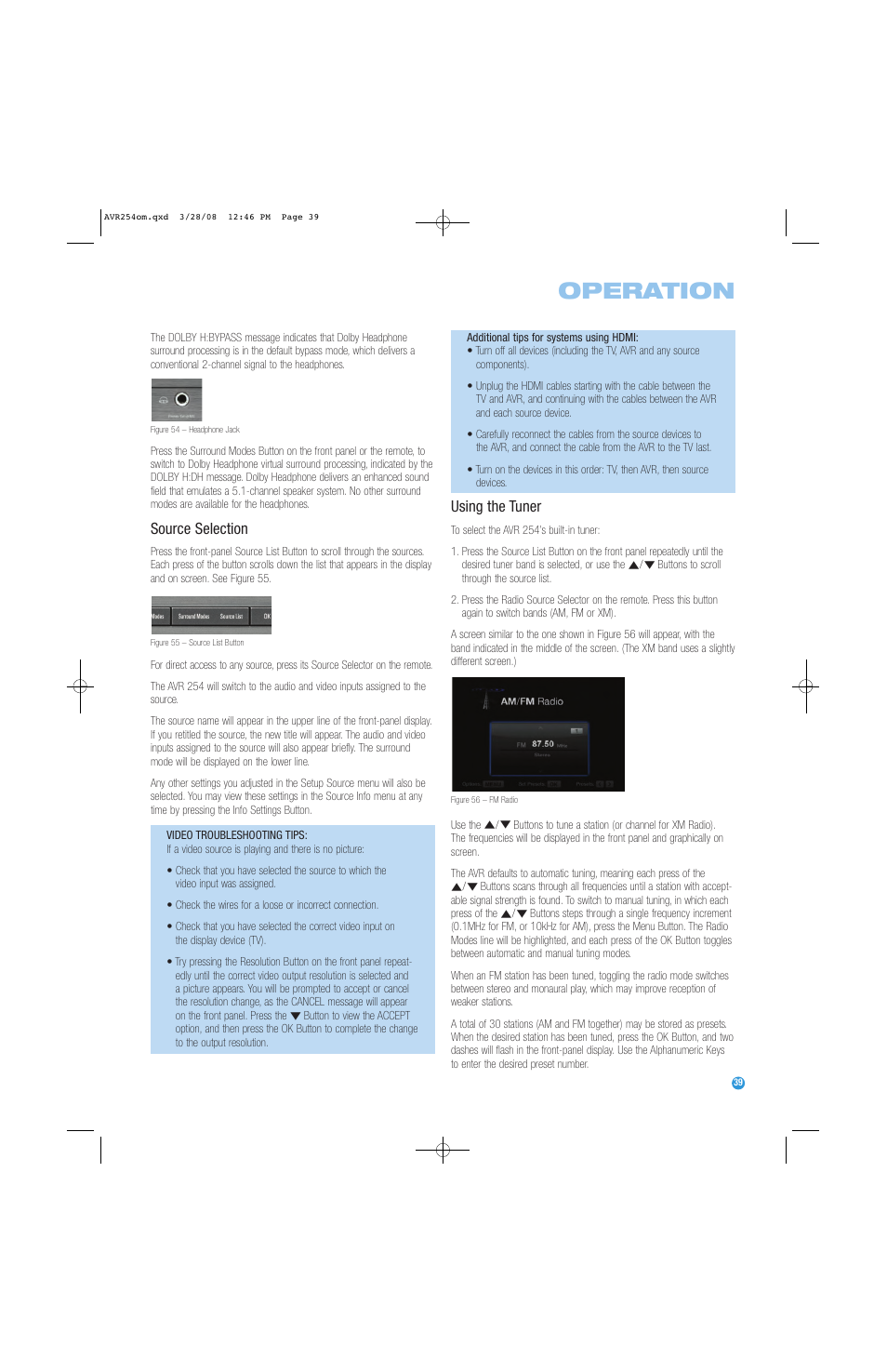 Operation, Source selection, Using the tuner | Harman-Kardon AVR 254 User Manual | Page 39 / 76