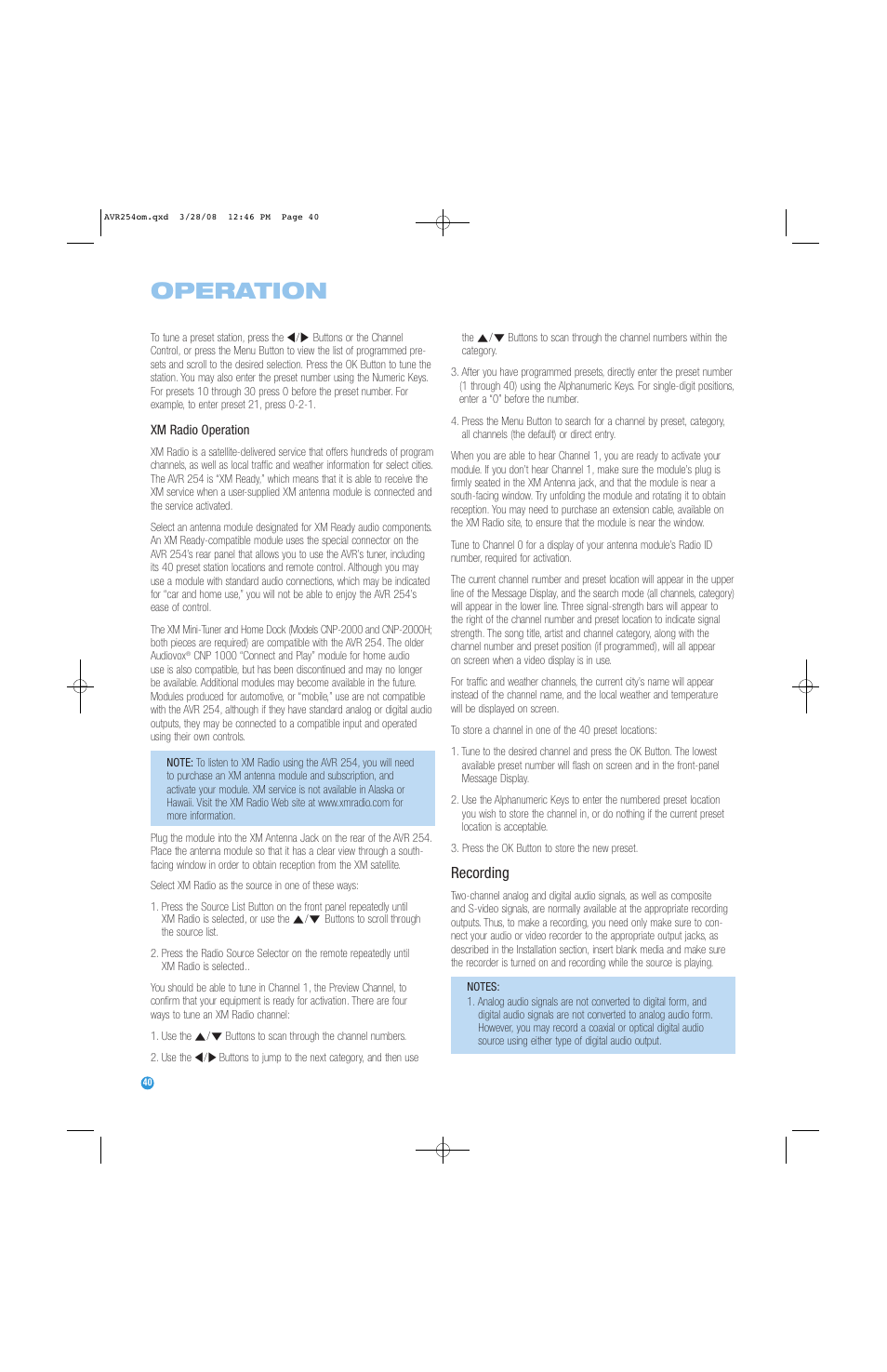 Operation, Recording | Harman-Kardon AVR 254 User Manual | Page 40 / 76