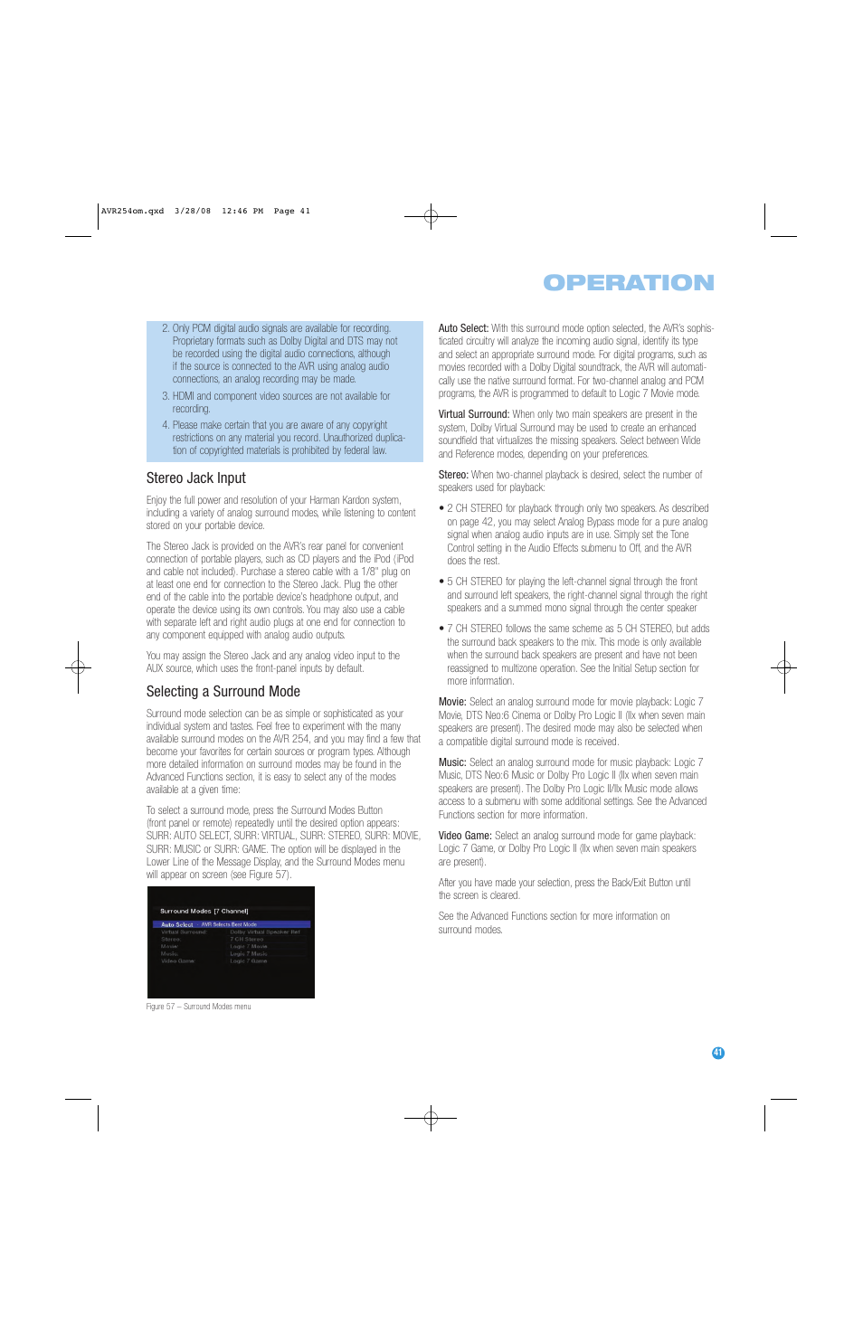 Operation, Stereo jack input, Selecting a surround mode | Harman-Kardon AVR 254 User Manual | Page 41 / 76