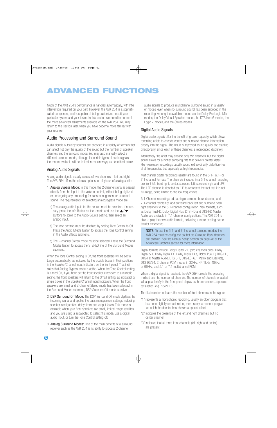 Advanced functions, Audio processing and surround sound | Harman-Kardon AVR 254 User Manual | Page 42 / 76