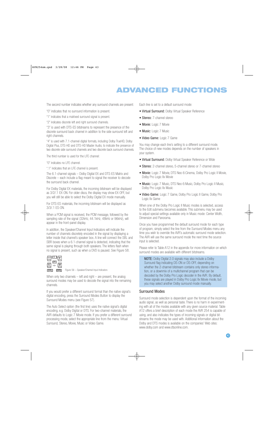 Advanced functions | Harman-Kardon AVR 254 User Manual | Page 43 / 76