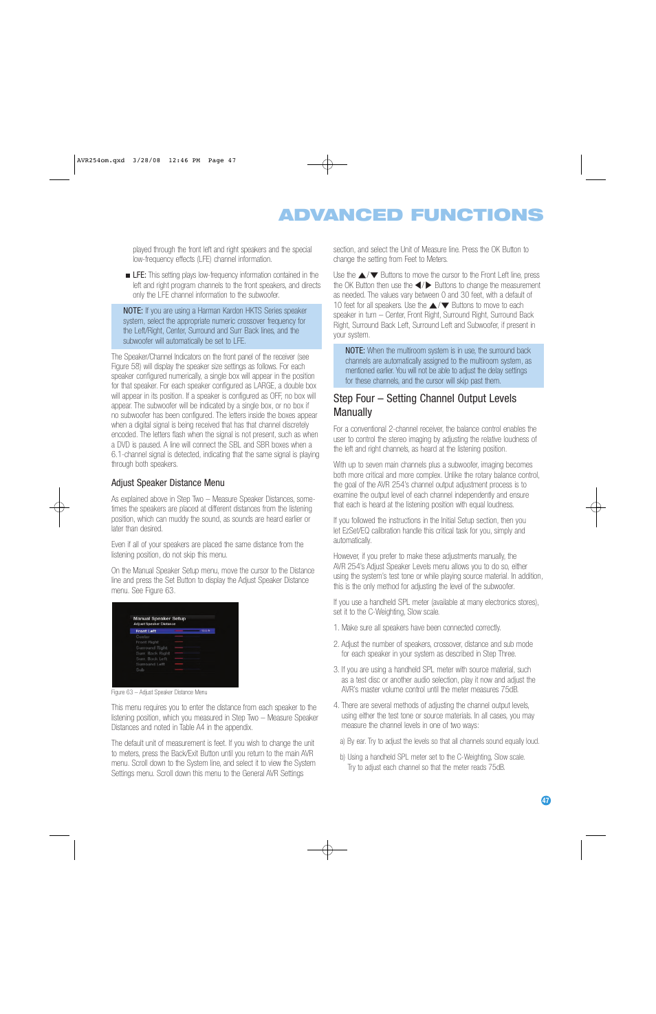 Advanced functions, Step four – setting channel output levels manually | Harman-Kardon AVR 254 User Manual | Page 47 / 76