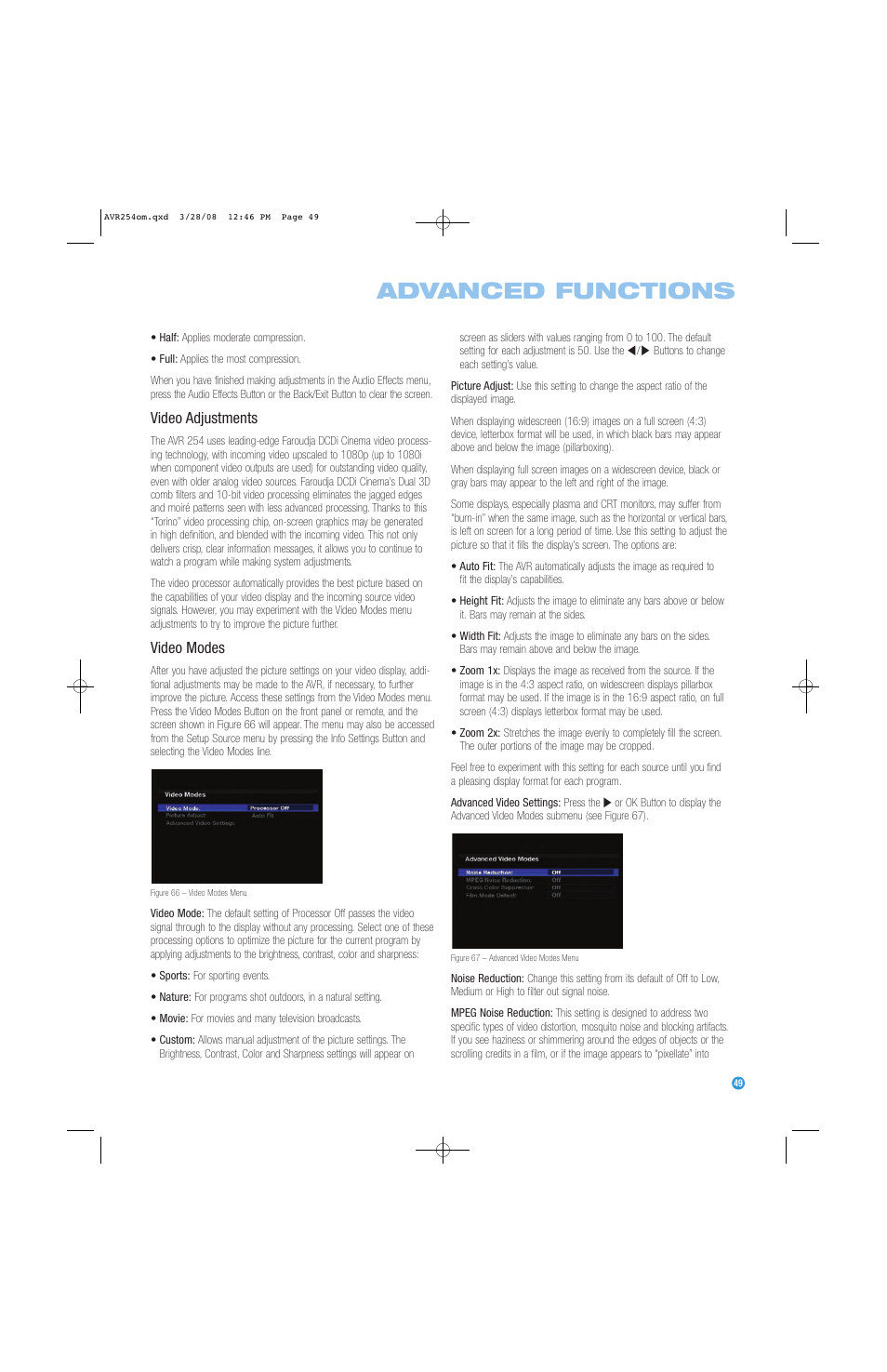 Advanced functions, Video adjustments, Video modes | Harman-Kardon AVR 254 User Manual | Page 49 / 76