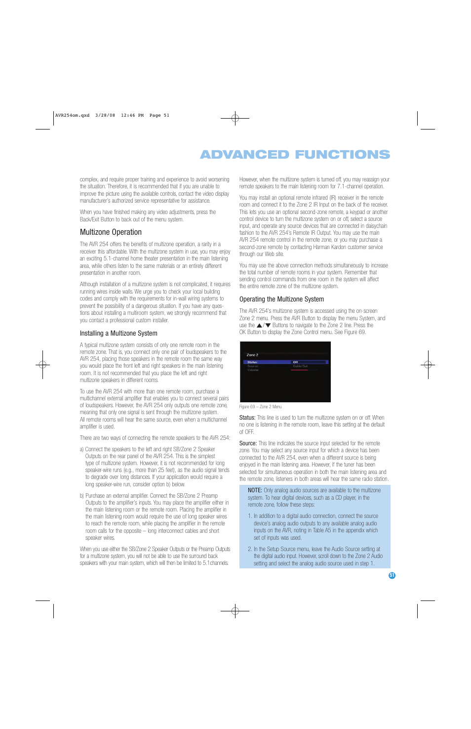 Advanced functions, Multizone operation | Harman-Kardon AVR 254 User Manual | Page 51 / 76
