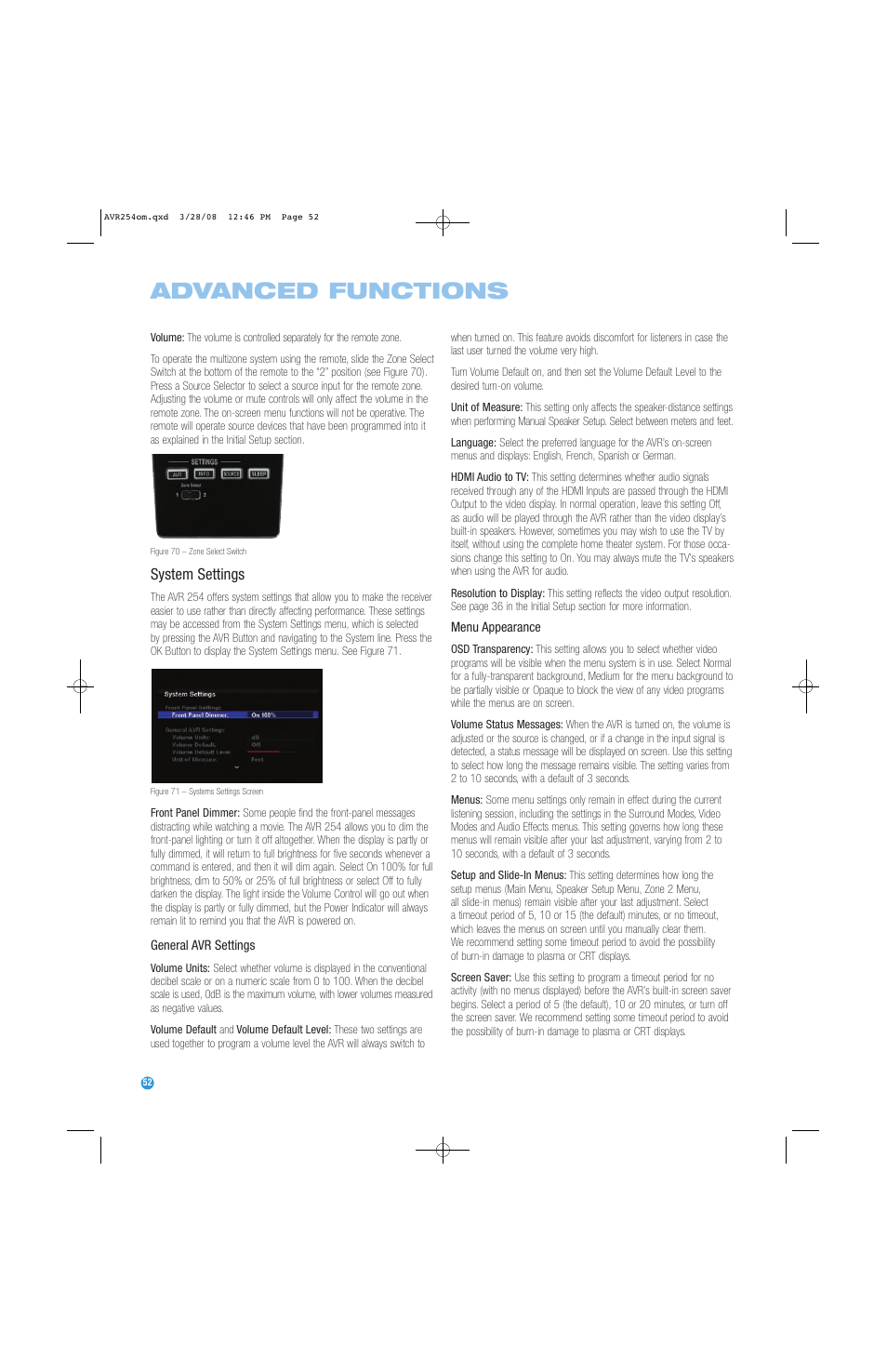 Advanced functions, System settings | Harman-Kardon AVR 254 User Manual | Page 52 / 76