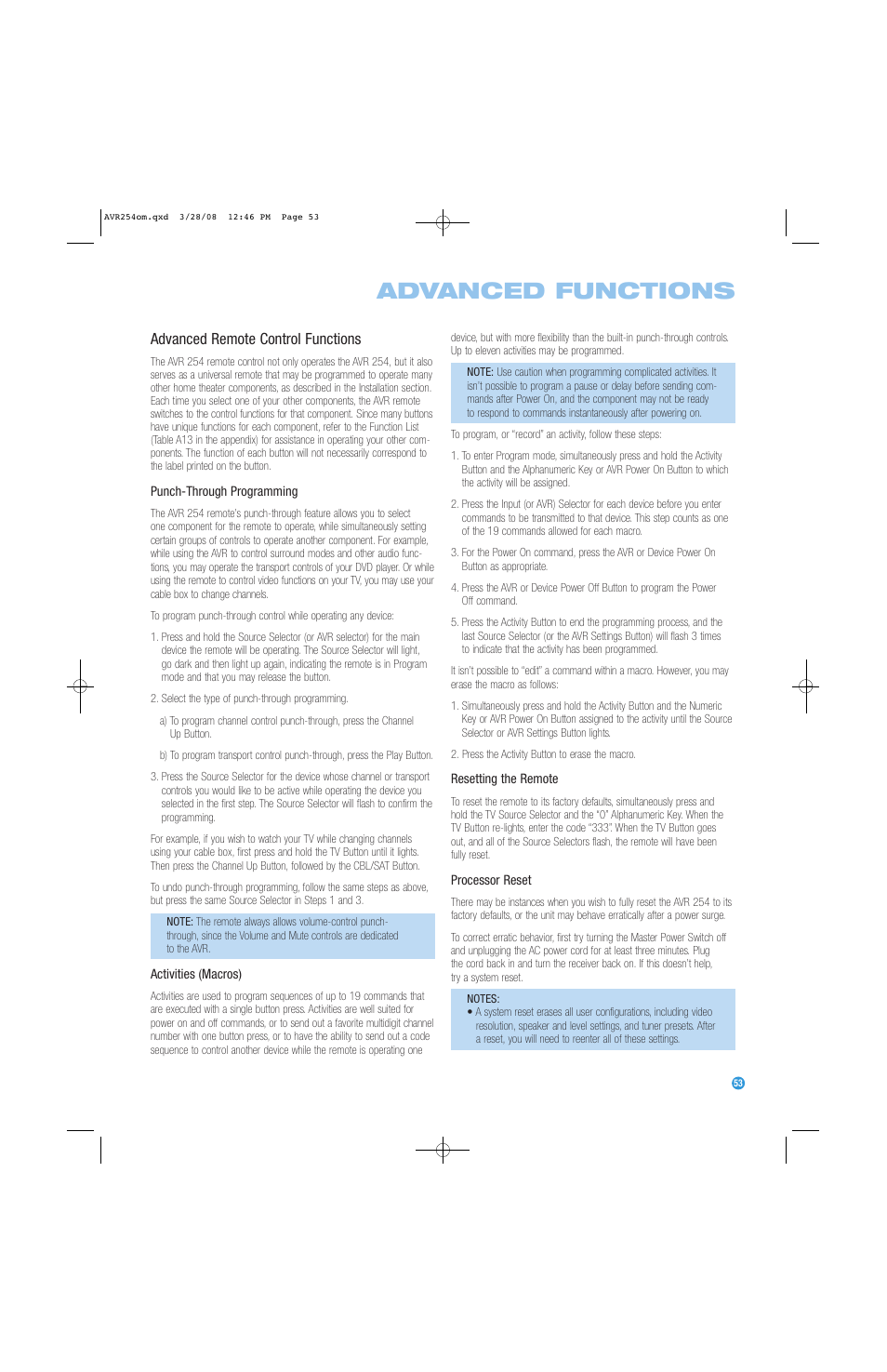 Advanced functions, Advanced remote control functions | Harman-Kardon AVR 254 User Manual | Page 53 / 76