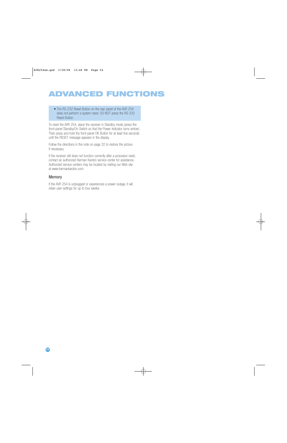 Advanced functions | Harman-Kardon AVR 254 User Manual | Page 54 / 76