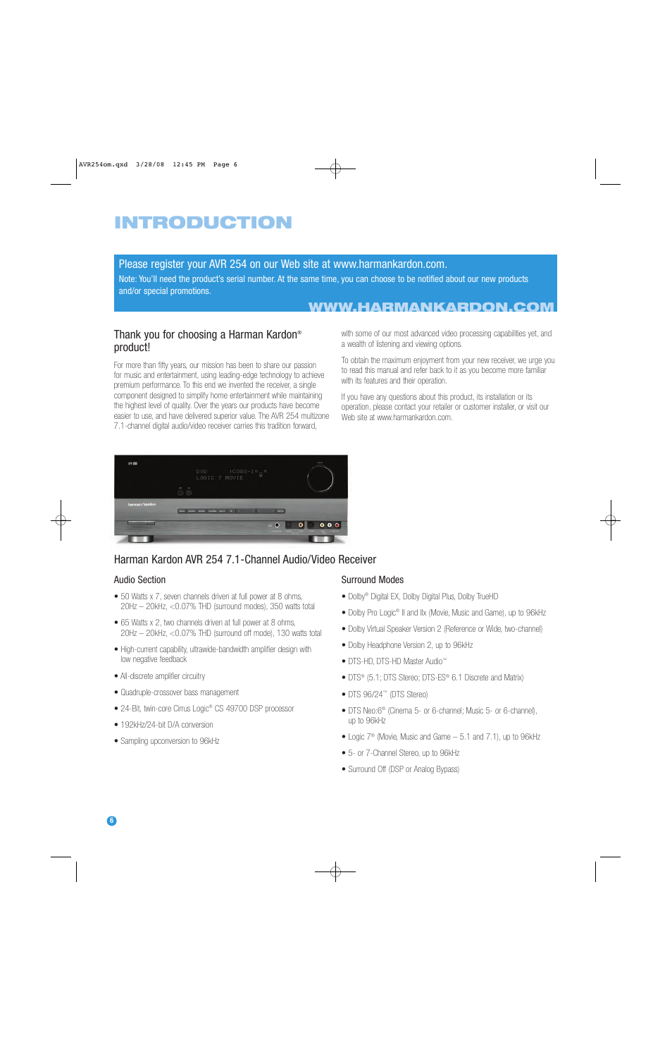 Introduction, Product | Harman-Kardon AVR 254 User Manual | Page 6 / 76