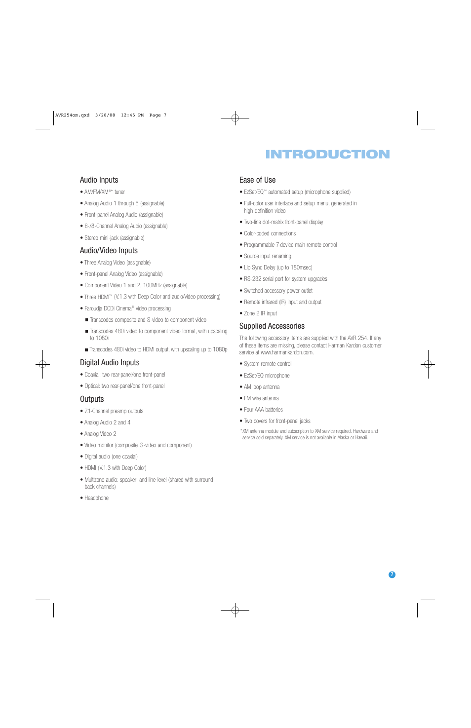 Introduction, Audio inputs, Audio/video inputs | Digital audio inputs, Outputs, Ease of use, Supplied accessories | Harman-Kardon AVR 254 User Manual | Page 7 / 76