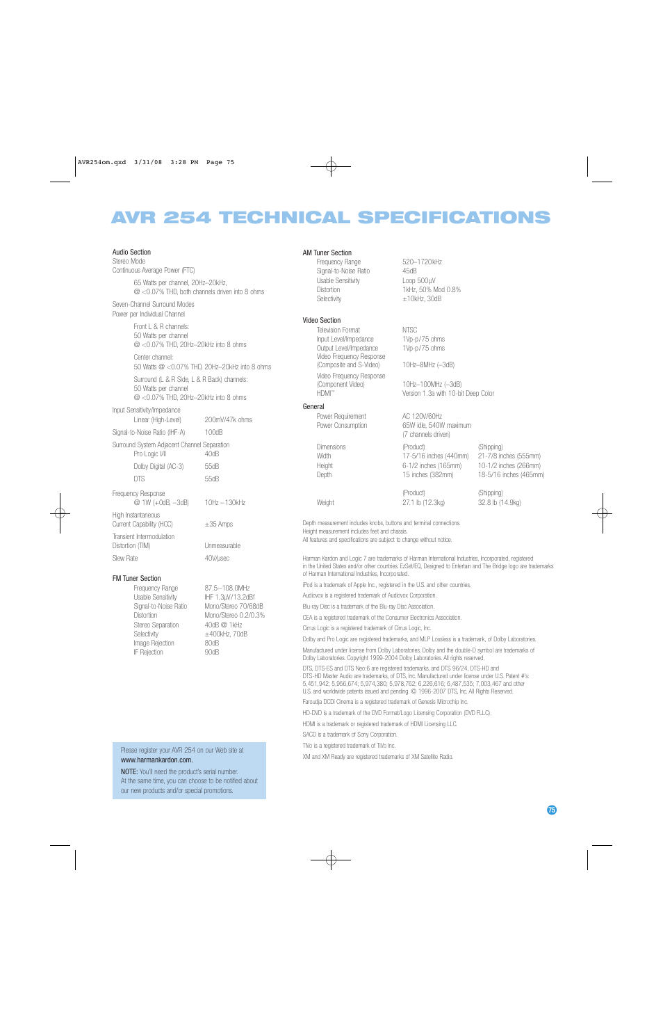 Avr 254 technical specifications | Harman-Kardon AVR 254 User Manual | Page 75 / 76