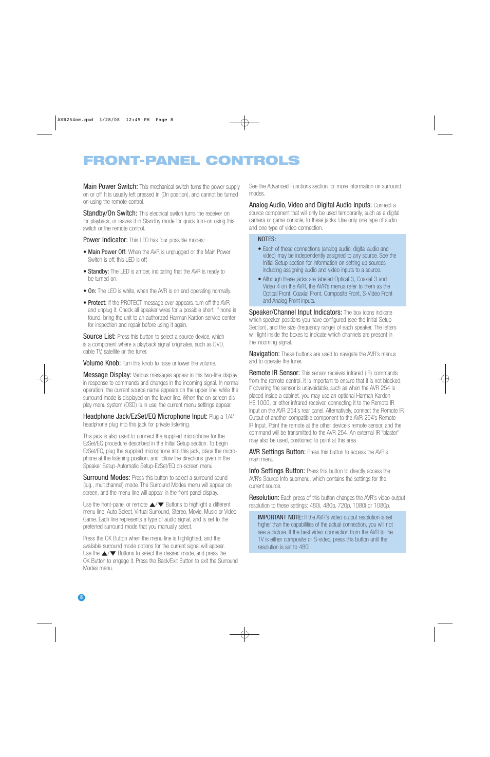 Front-panel controls | Harman-Kardon AVR 254 User Manual | Page 8 / 76