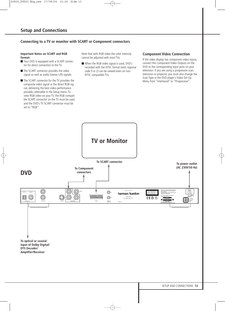Tv or monitor, Setup and connections | Harman-Kardon DVD 22 User Manual | Page 13 / 24