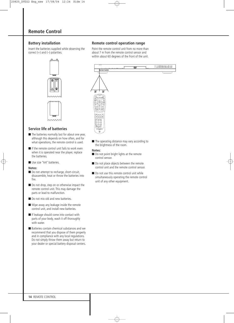 Remote control | Harman-Kardon DVD 22 User Manual | Page 14 / 24